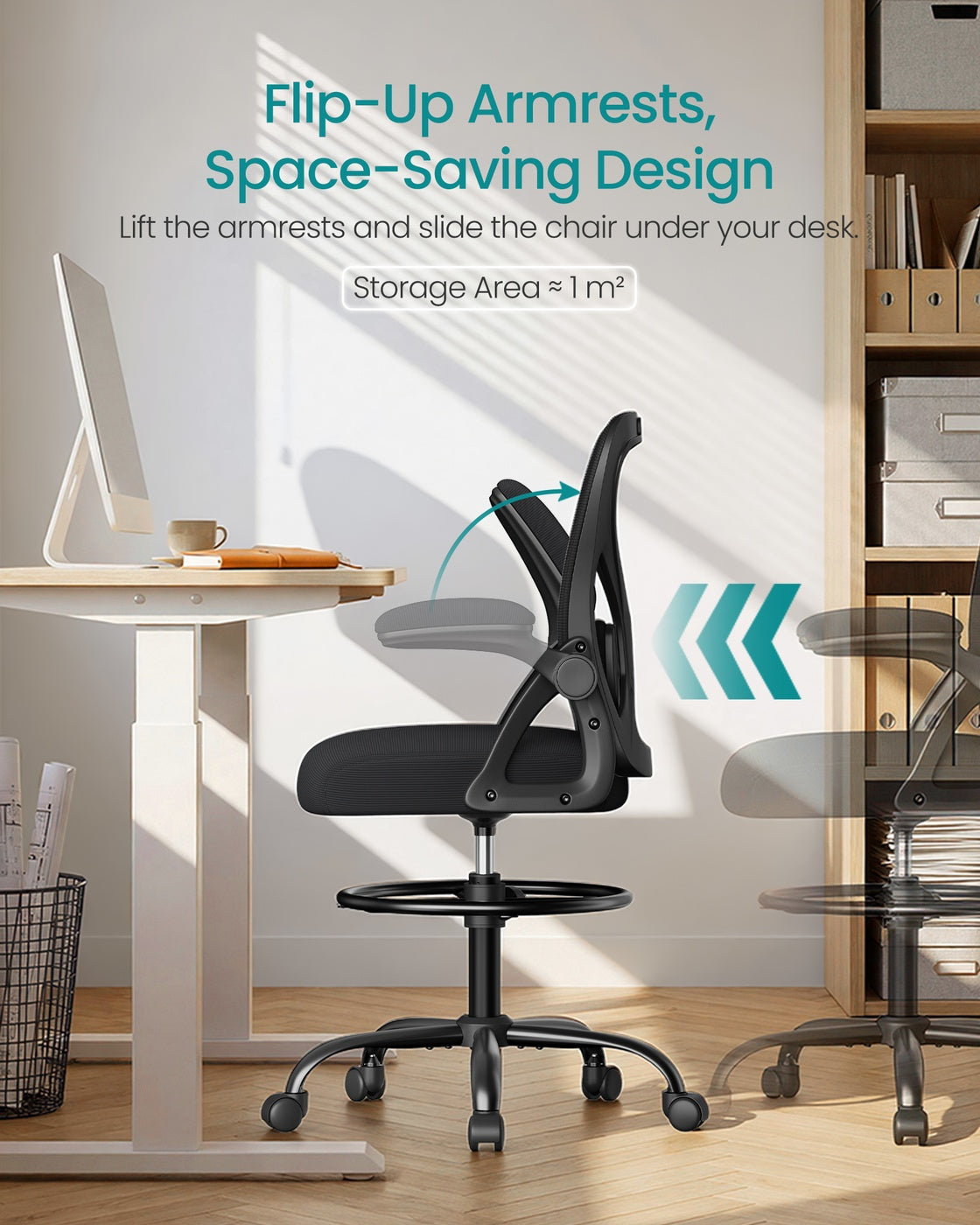 SONGMICS Drafting Chair Ergonomic Tall Office Chair for Standing Desk Mesh Back – Ink Black