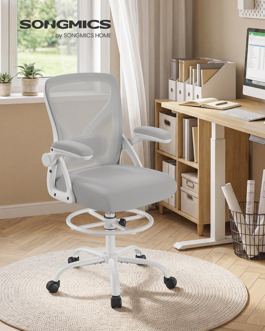 SONGMICS Drafting Chair Ergonomic Tall Office Chair for Standing Desk Mesh Back – Dove Gray