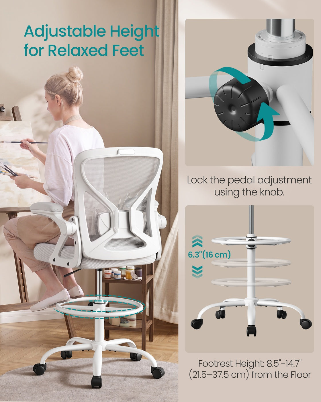 SONGMICS Drafting Chair Ergonomic Tall Office Chair for Standing Desk Mesh Back – Dove Gray