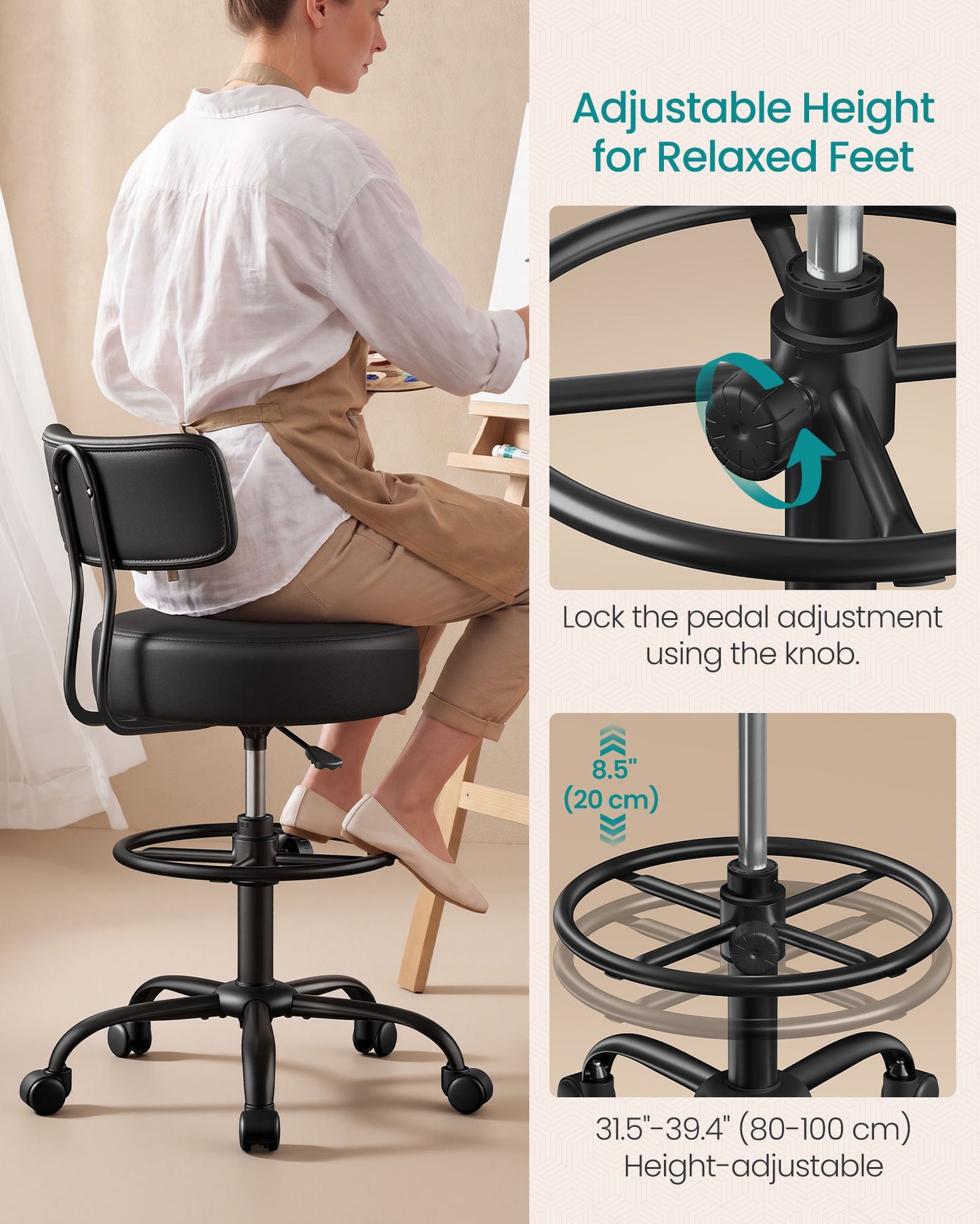 SONGMICS Drafting Chair with Backrest, Height Rolling Stool – All Black