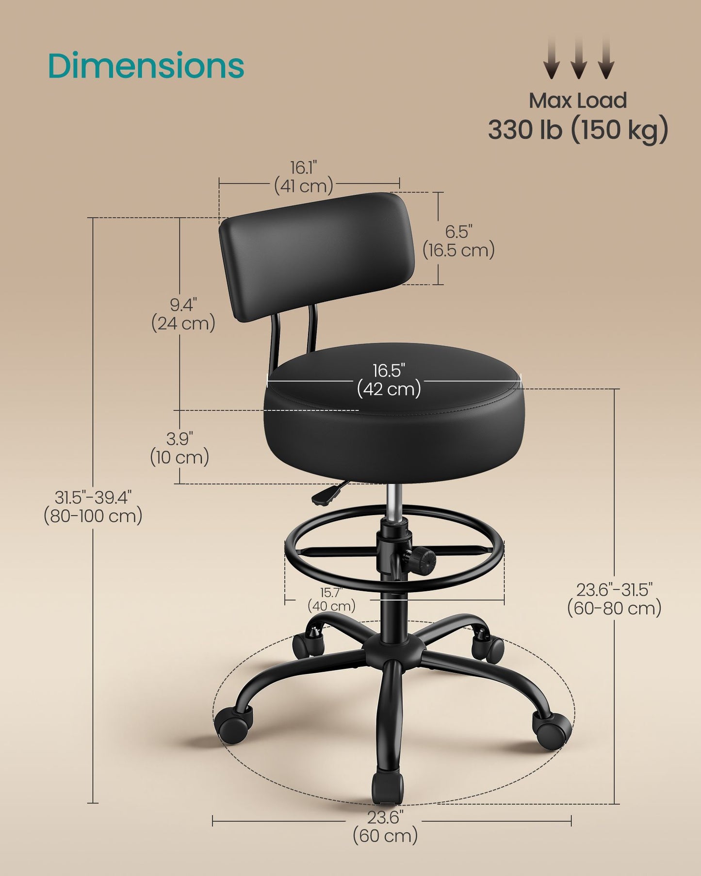 SONGMICS Drafting Chair with Backrest, Height Rolling Stool – All Black