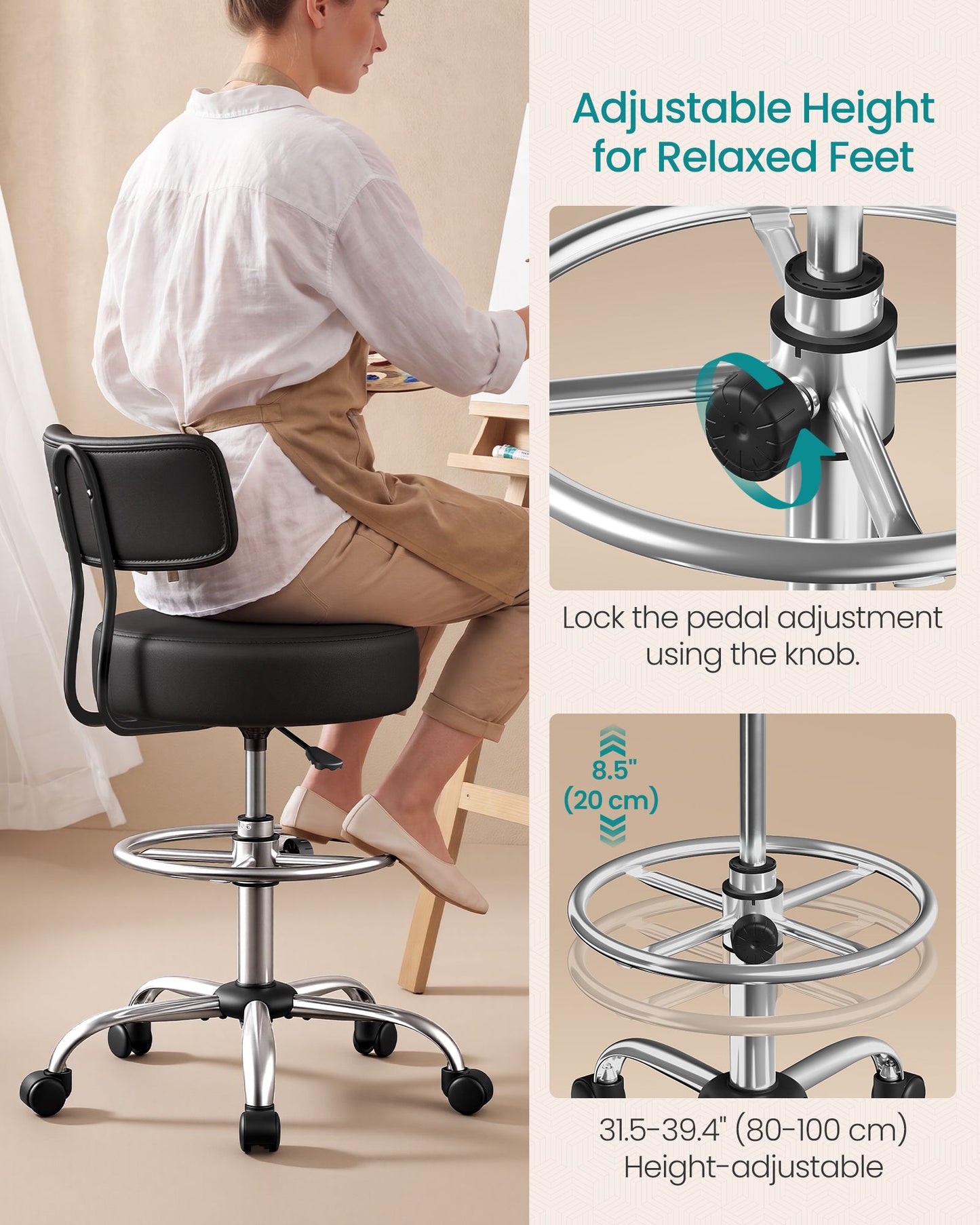 SONGMICS Drafting Chair with Backrest, Height Rolling Stool – Black