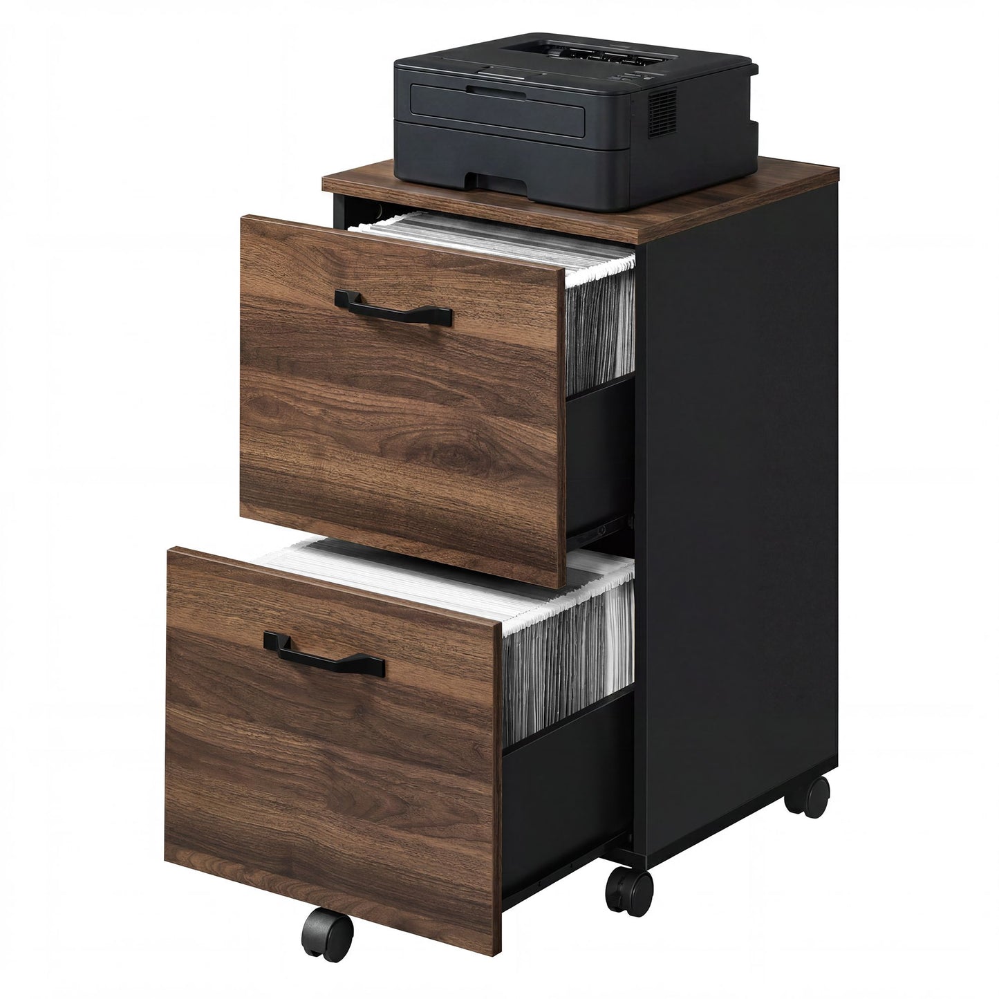 VASAGLE 2-Drawer File Cabinet, Small Rolling Filing Cabinet Printer Stand, for A4 – Natural Walnut, Ink Black