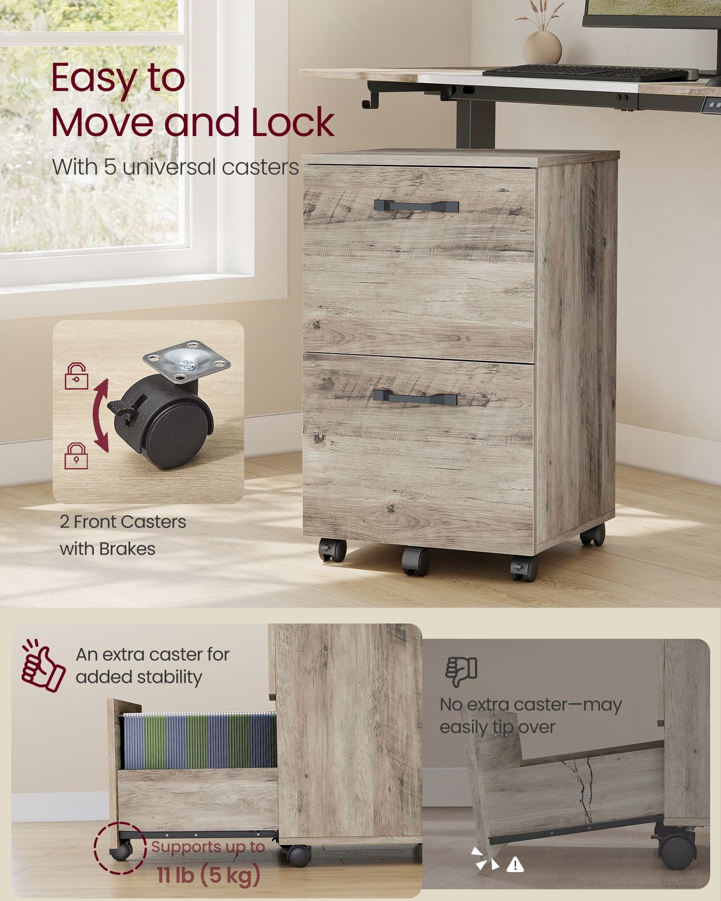 VASAGLE 2-Drawer File Cabinet, Small Rolling Filing Cabinet for Home Office, Heather Greige
