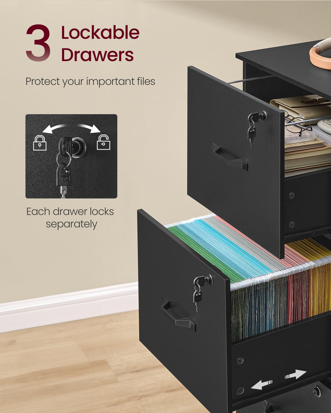 VASAGLE 3-Drawer Vertical Lockable File Cabinet with Drawers – Black