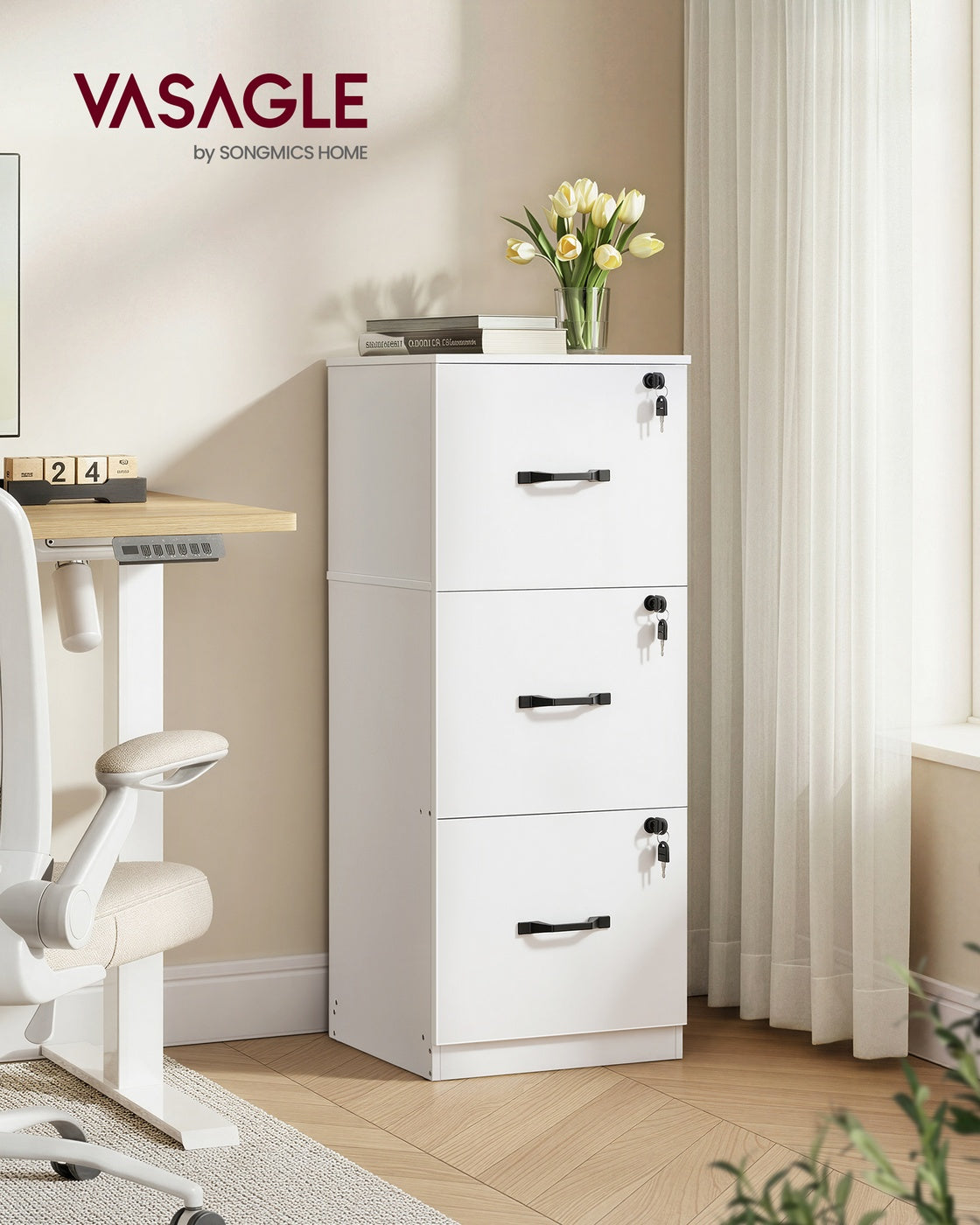 VASAGLE 3-Drawer Vertical Lockable File Cabinet with Drawers – Cloud White
