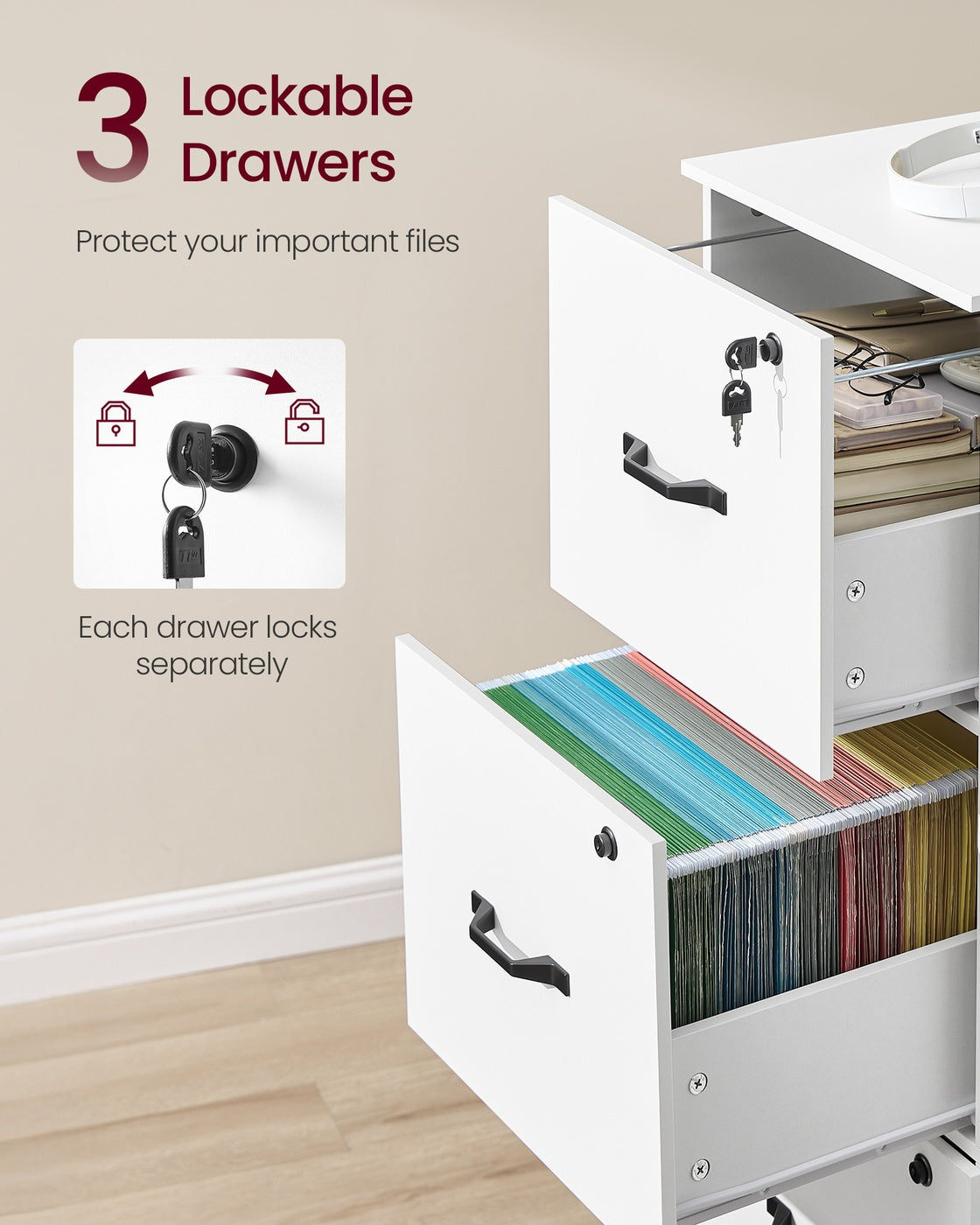 VASAGLE 3-Drawer Vertical Lockable File Cabinet with Drawers – Cloud White
