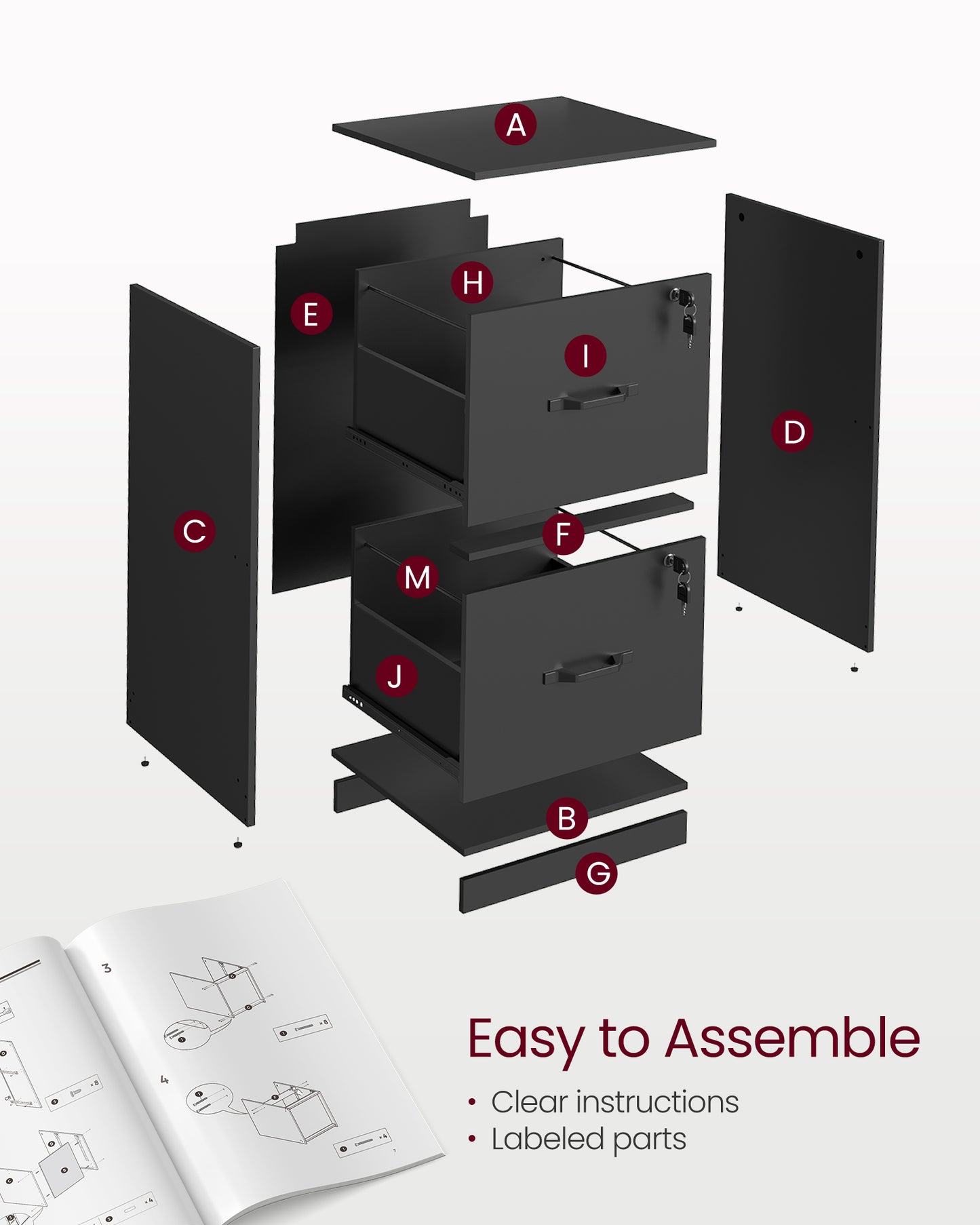VASAGLE 2 Drawer File Cabinet with Locks, for A4 – Ink Black