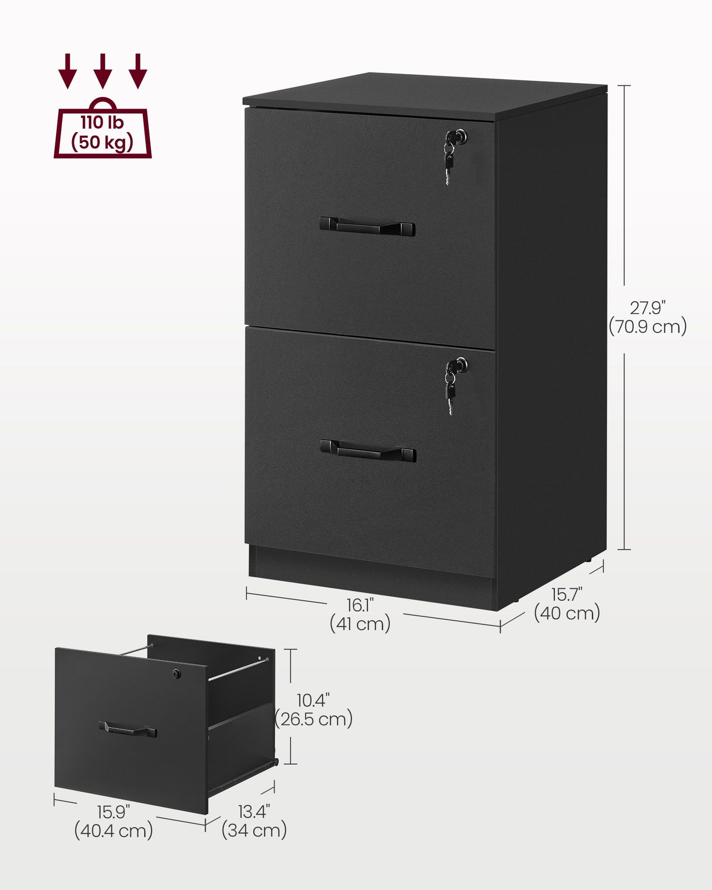 VASAGLE 2 Drawer File Cabinet with Locks, for A4 – Ink Black
