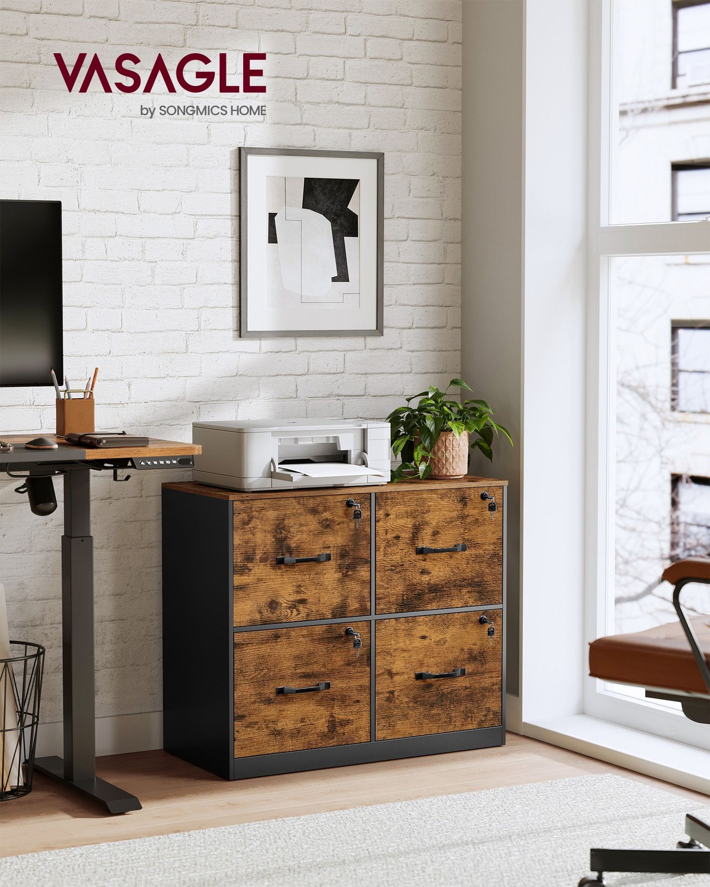VASAGLE 4 Drawer File Cabinet with Lock, Rustic Brown and Black