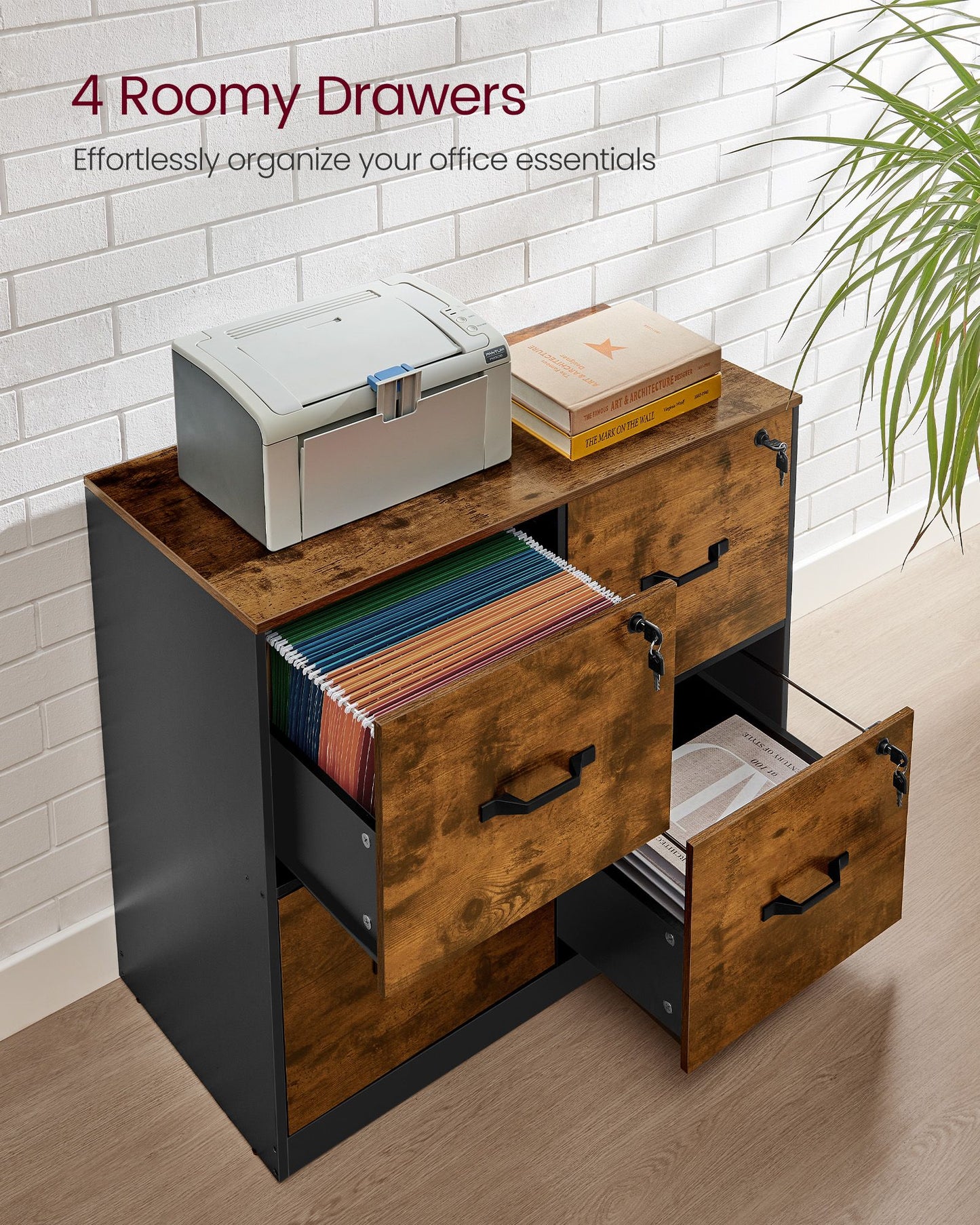 VASAGLE 4 Drawer File Cabinet with Lock, Rustic Brown and Black
