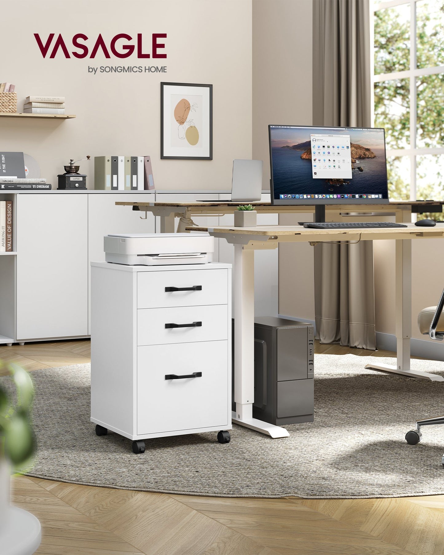 VASAGLE Mobile File Cabinet, 3 Drawers Filing Cabinet with Wheels, Cloud White
