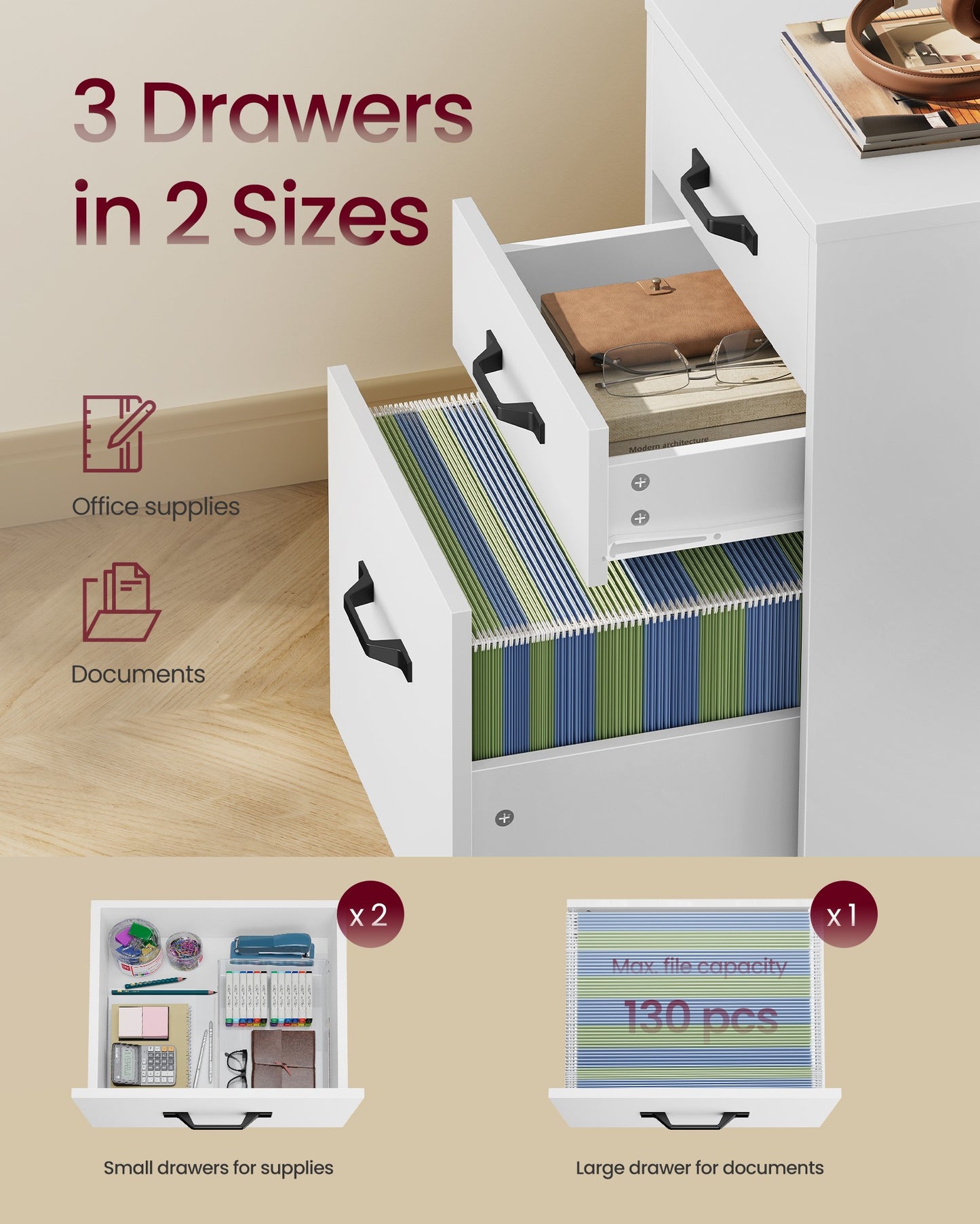 VASAGLE Mobile File Cabinet, 3 Drawers Filing Cabinet with Wheels, Cloud White