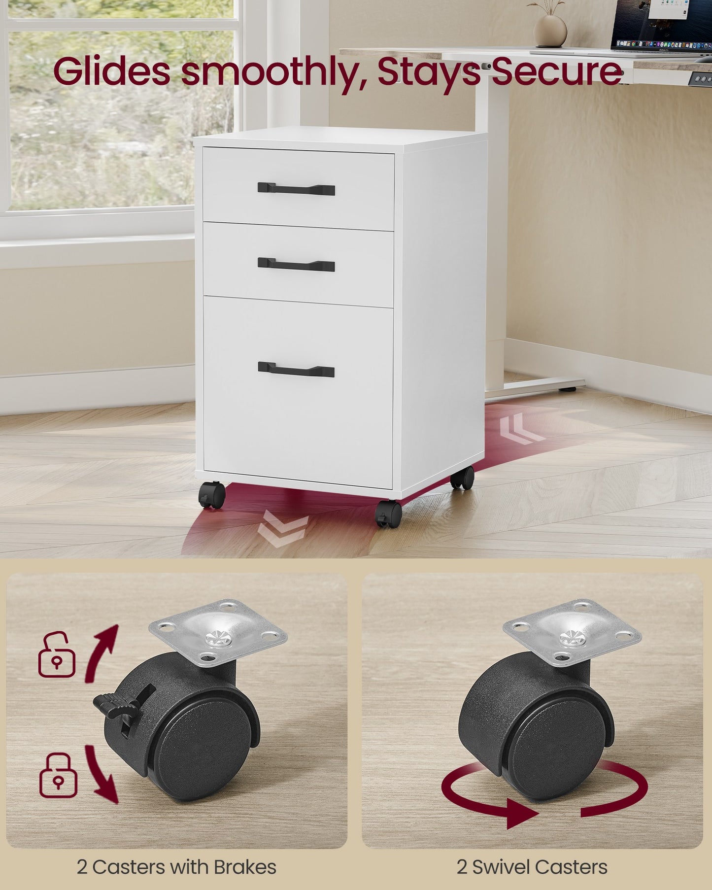 VASAGLE Mobile File Cabinet, 3 Drawers Filing Cabinet with Wheels, Cloud White