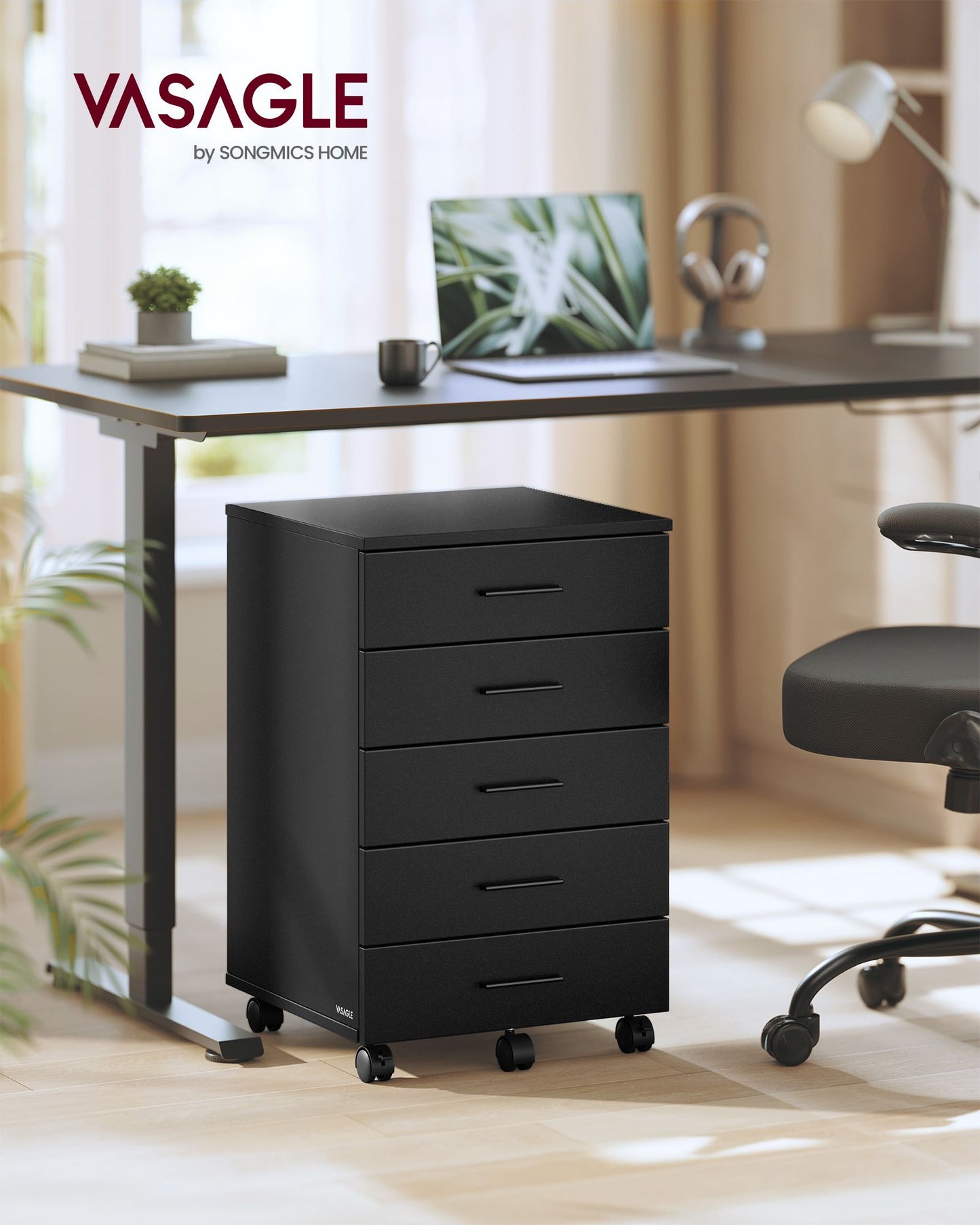 VASAGLE Custos File Cabinet, Mobile Pedestal Filing Cabinet with Wheels, Ink Black