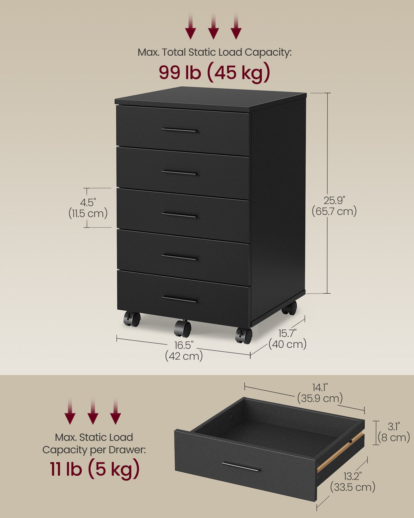 VASAGLE Custos File Cabinet, Mobile Pedestal Filing Cabinet with Wheels, Ink Black