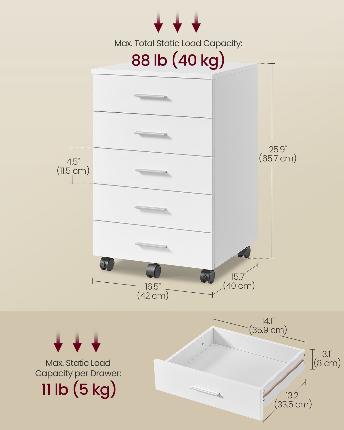 VASAGLE Custos File Cabinet, Mobile Pedestal Filing Cabinet with Wheels, Cloud White