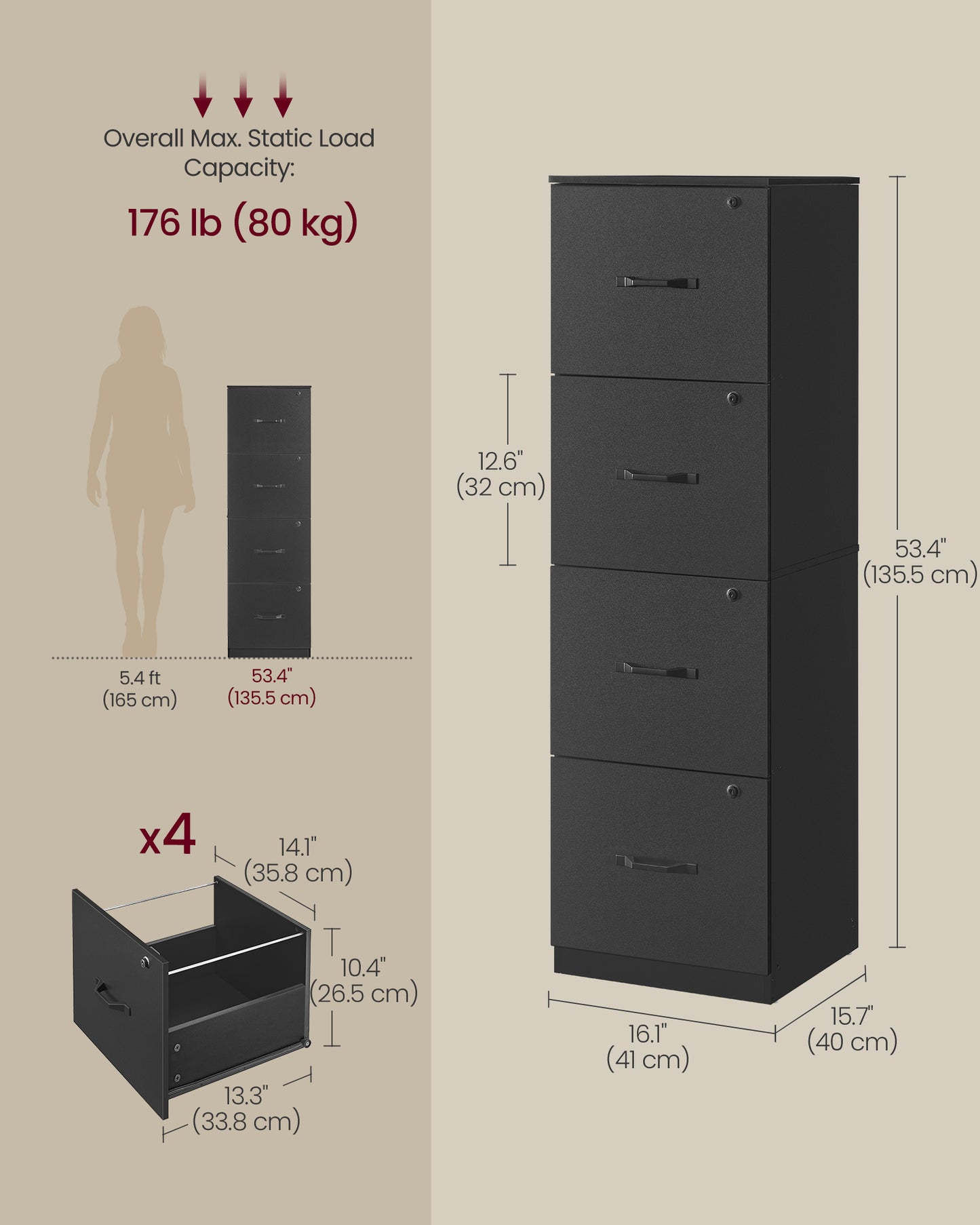 VASAGLE 4-Drawer Vertical File Cabinet, Filing Cabinet for Home Office, Printer Stand – Ink Black