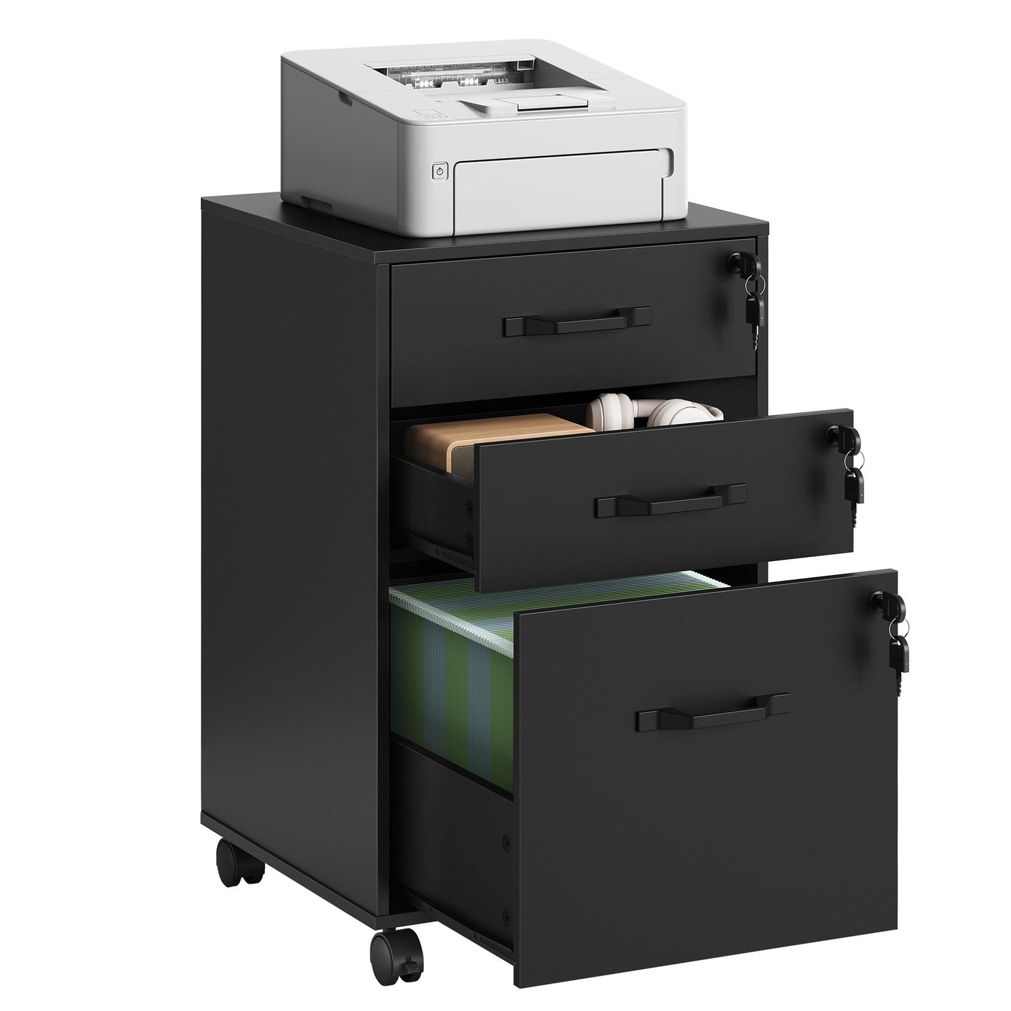 VASAGLE Mobile File Cabinet, 3 Drawers Filing Cabinet with Wheels Home Office – Ink Black