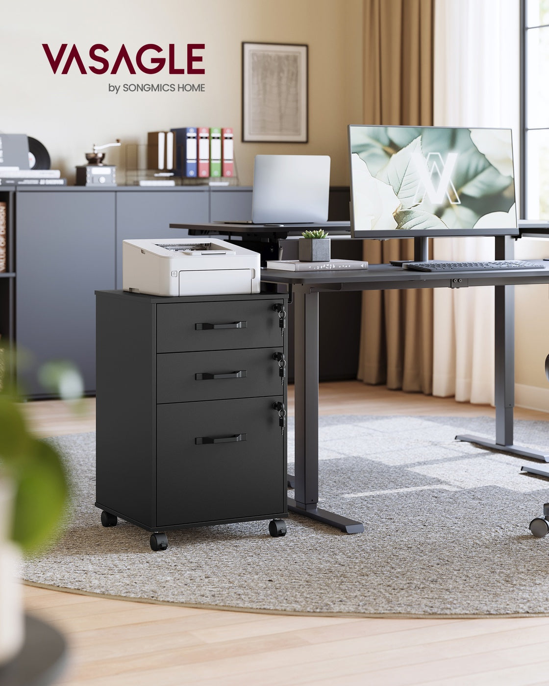 VASAGLE Mobile File Cabinet, 3 Drawers, Lockable, Ink Black