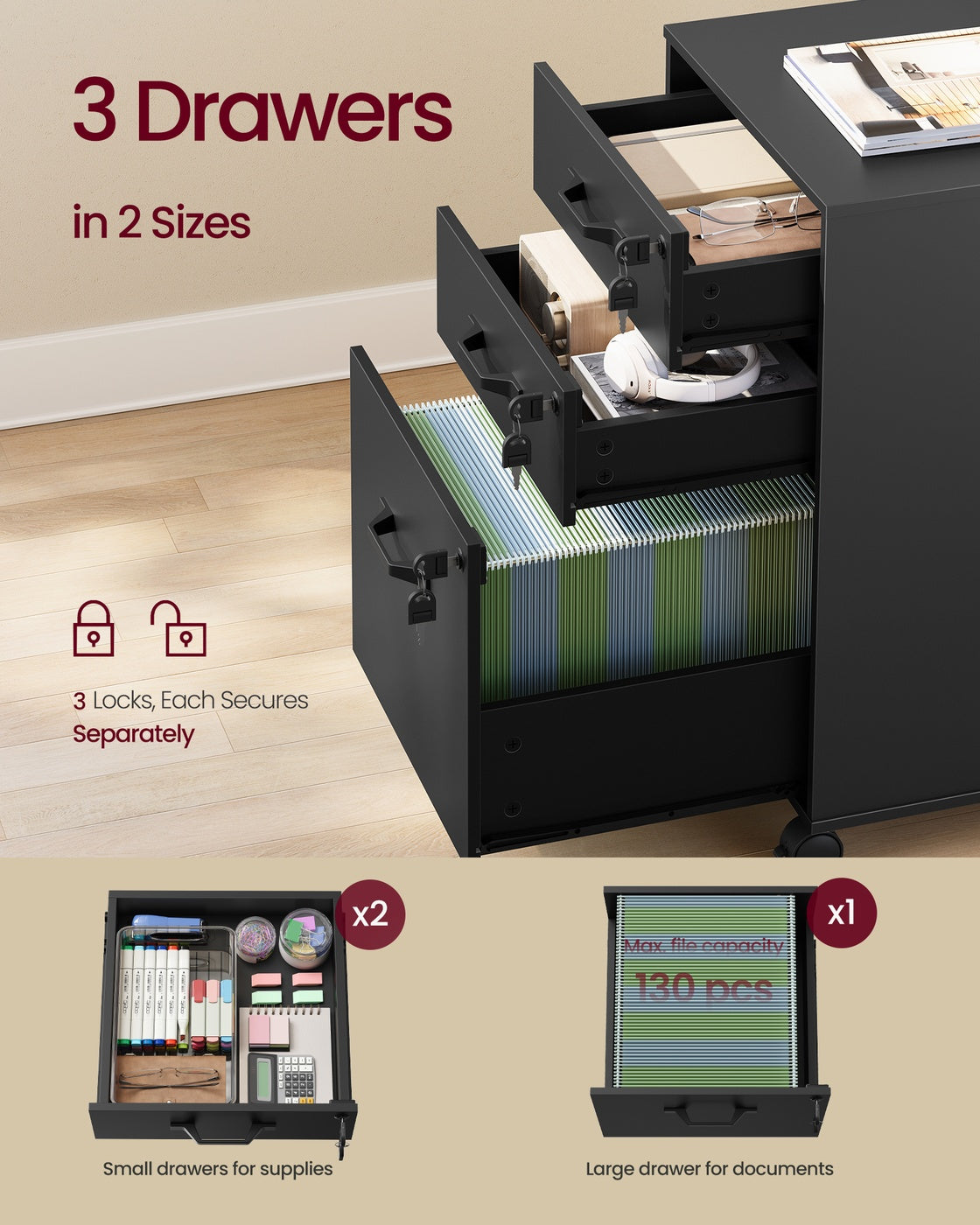 VASAGLE Mobile File Cabinet, 3 Drawers, Lockable, Ink Black