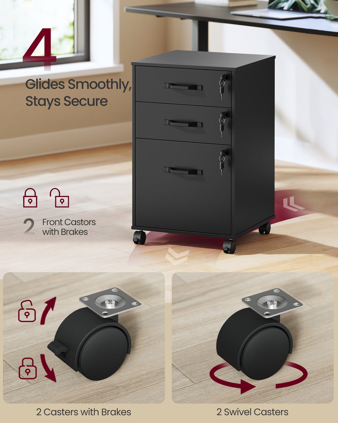 VASAGLE Mobile File Cabinet, 3 Drawers, Lockable, Ink Black