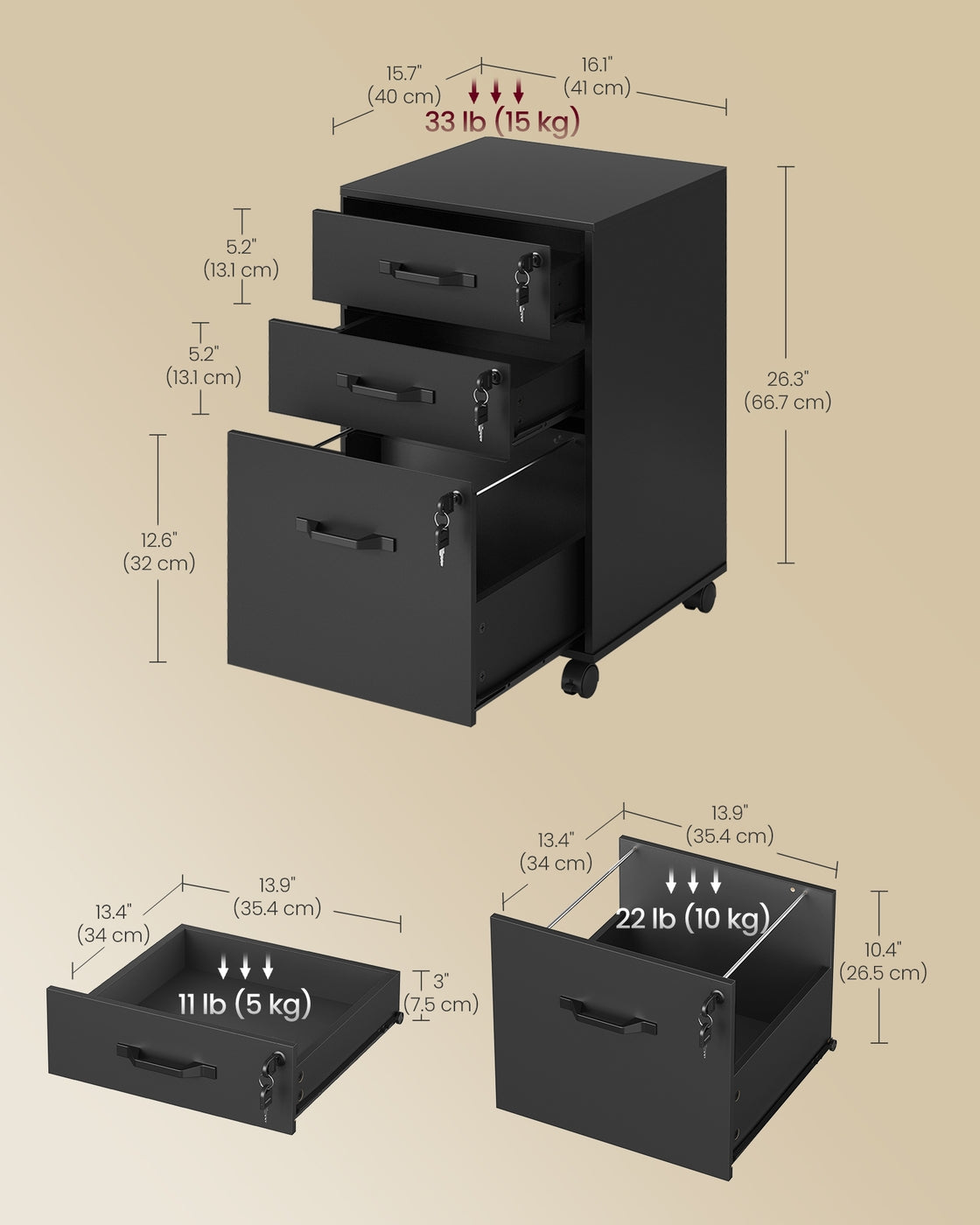VASAGLE Mobile File Cabinet, 3 Drawers, Lockable, Ink Black