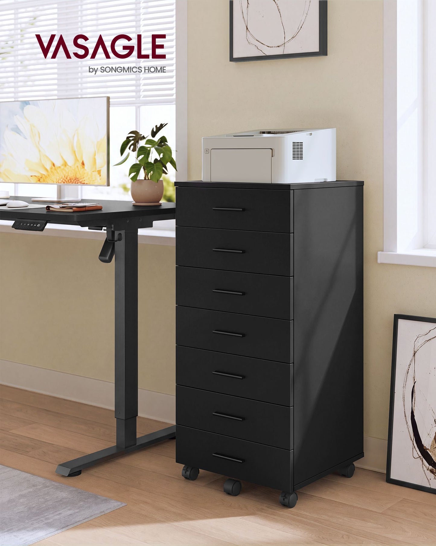 VASAGLE Black Rolling File Cabinet with Seven Drawers and Sliding Rails – Ink Black