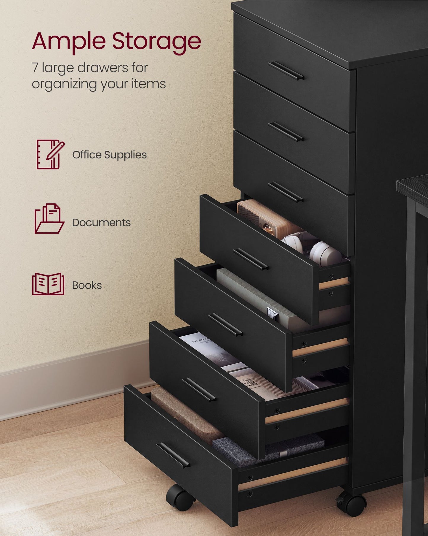 VASAGLE Black Rolling File Cabinet with Seven Drawers and Sliding Rails – Ink Black