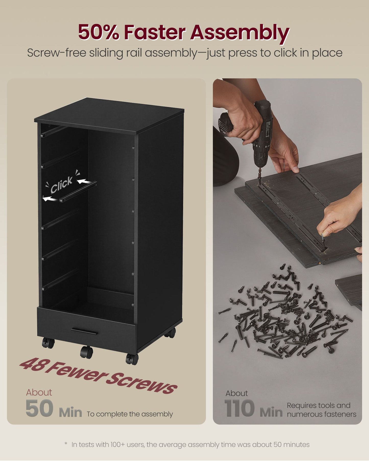 VASAGLE Black Rolling File Cabinet with Seven Drawers and Sliding Rails – Ink Black