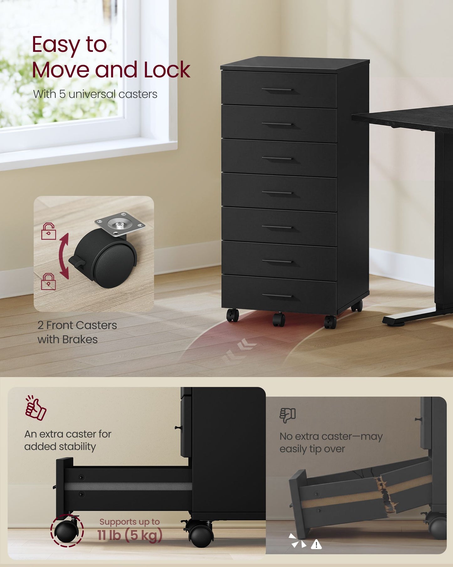 VASAGLE Black Rolling File Cabinet with Seven Drawers and Sliding Rails – Ink Black