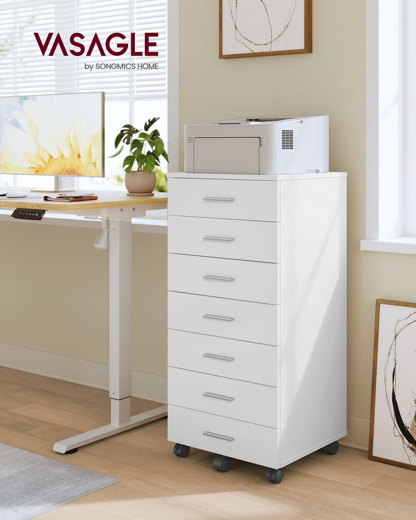 VASAGLE File Cabinet with Wheels, 7 Drawers, Tool-Free Sliding Rails Mobile Pedestal – Cloud White