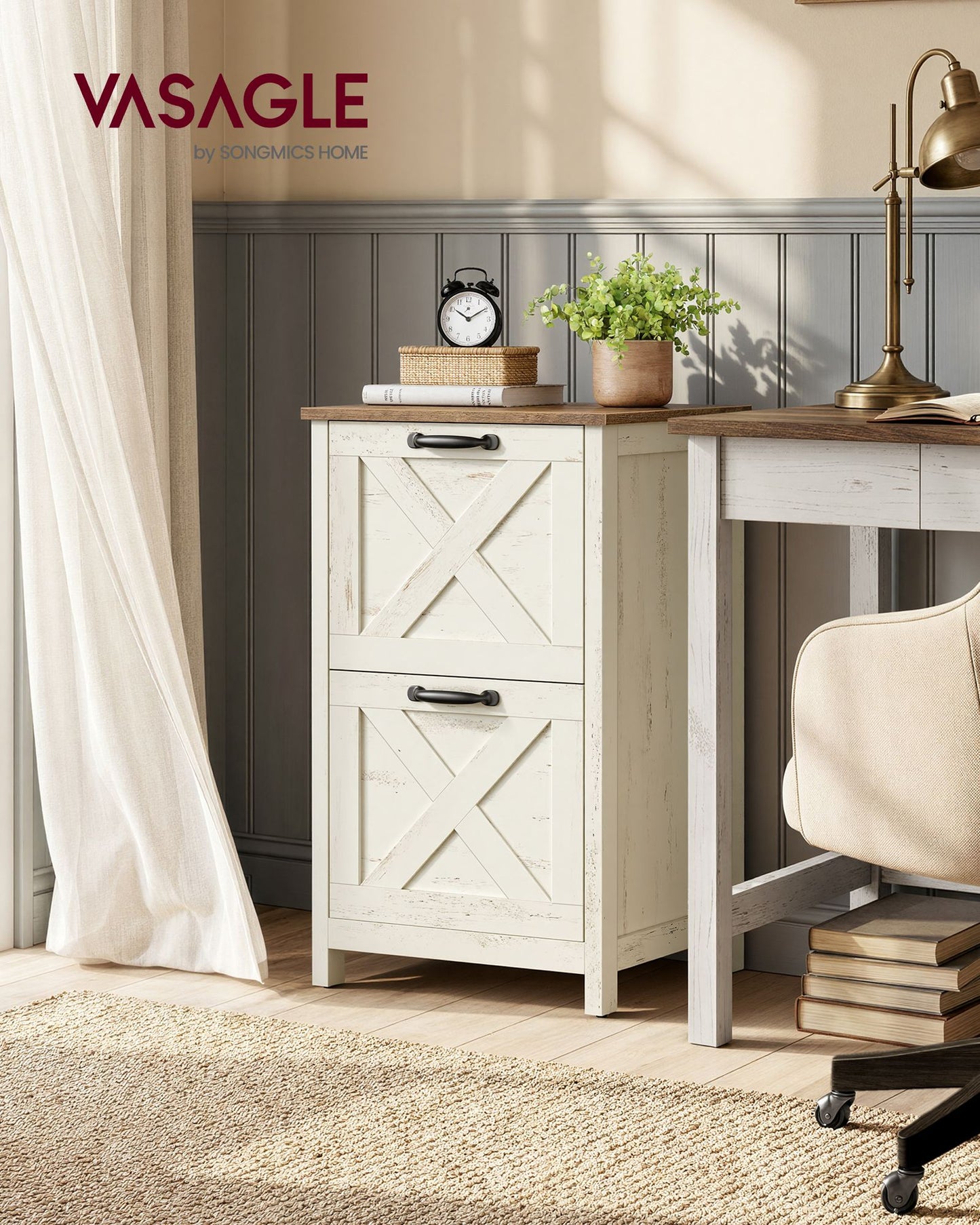 VASAGLE 2-Drawer File Cabinet, Barn Door Style, A4/Letter, 17.7"X15.7"X29.5" – Cloud White and Warm Earth Brown