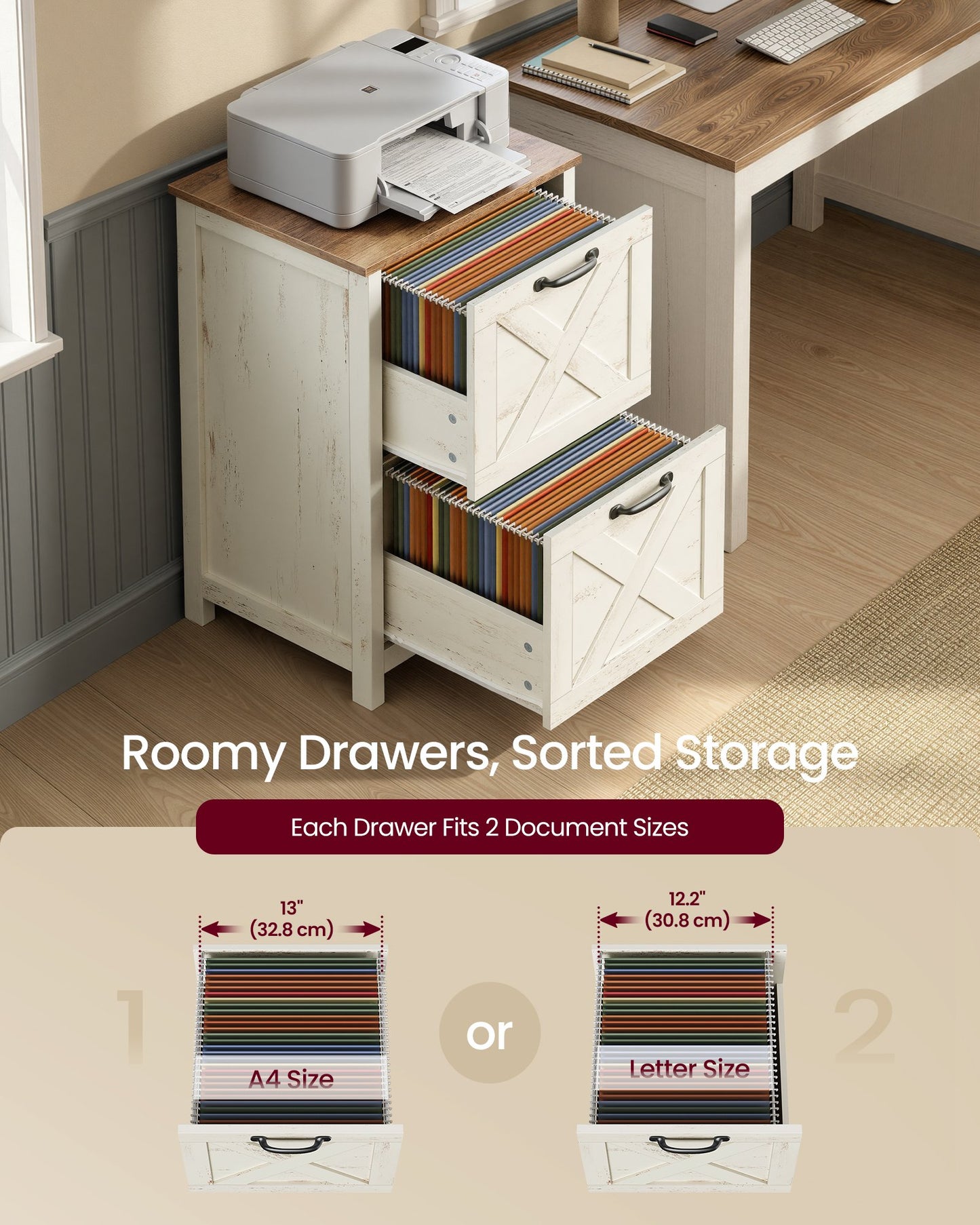 VASAGLE 2-Drawer File Cabinet, Barn Door Style, A4/Letter, 17.7"X15.7"X29.5" – Cloud White and Warm Earth Brown