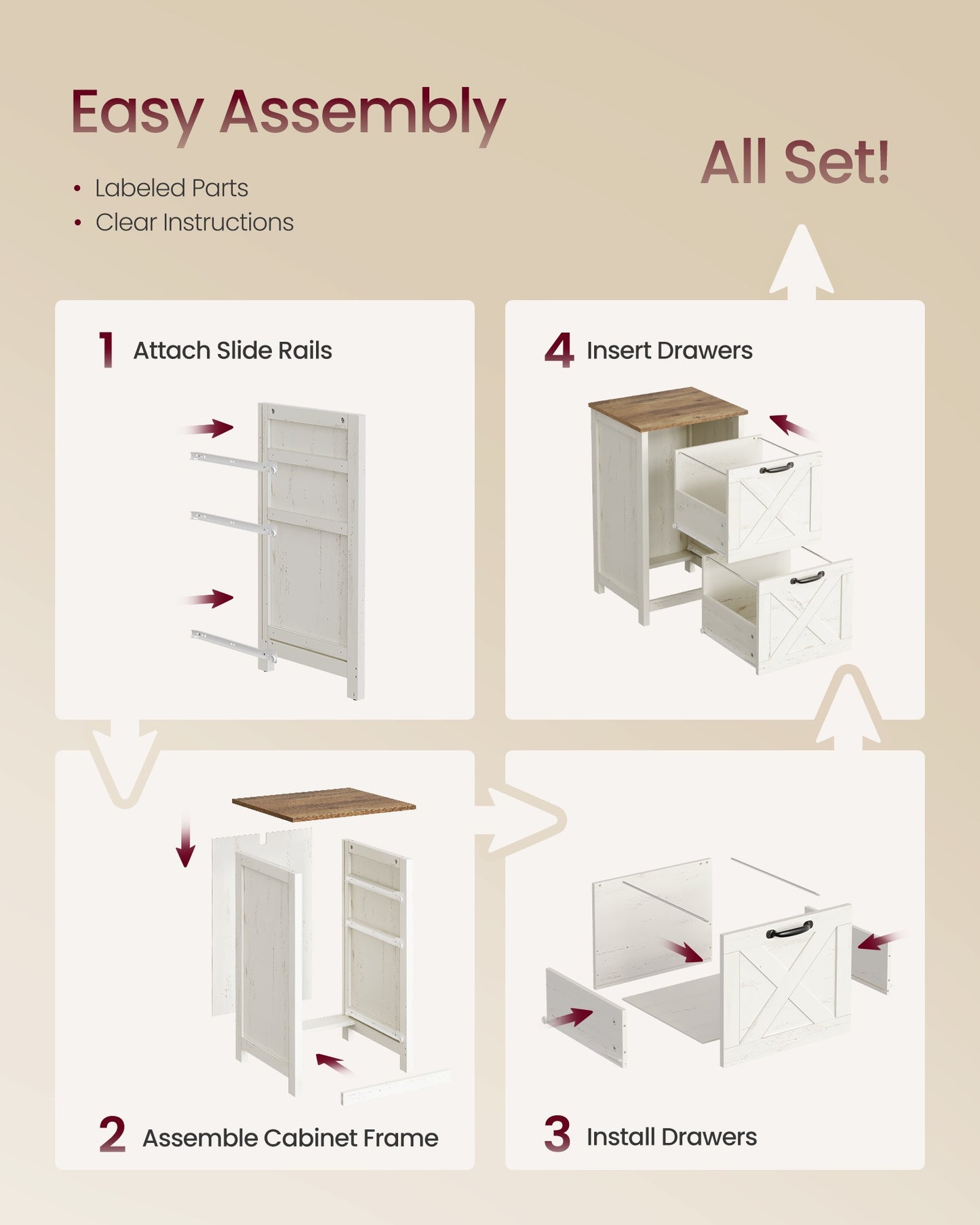 VASAGLE 2-Drawer File Cabinet, Barn Door Style, A4/Letter, 17.7"X15.7"X29.5" – Cloud White and Warm Earth Brown