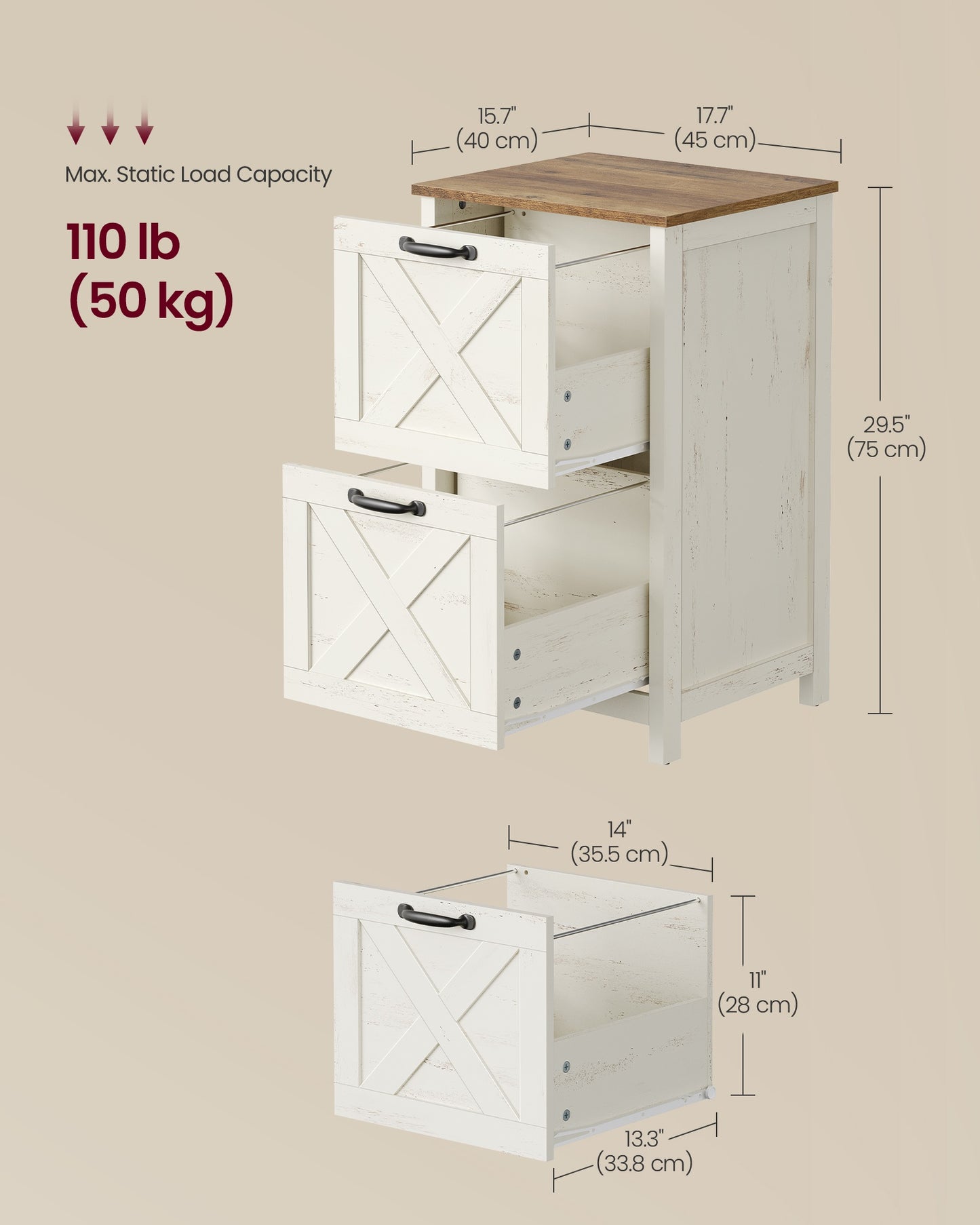 VASAGLE 2-Drawer File Cabinet, Barn Door Style, A4/Letter, 17.7"X15.7"X29.5" – Cloud White and Warm Earth Brown