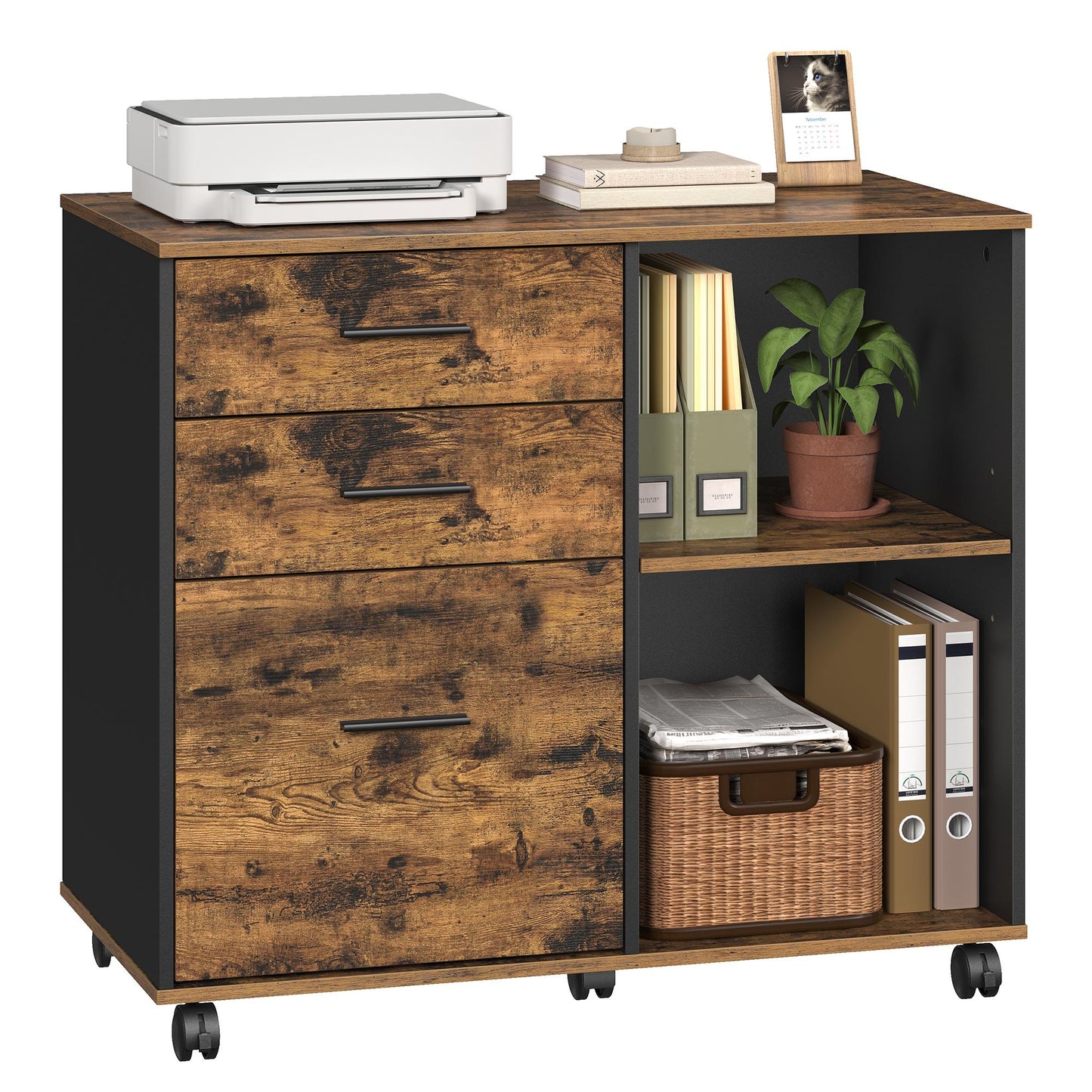 VASAGLE File Cabinet, 3 Drawers, Custos Collection – Rustic Brown and Ink Black