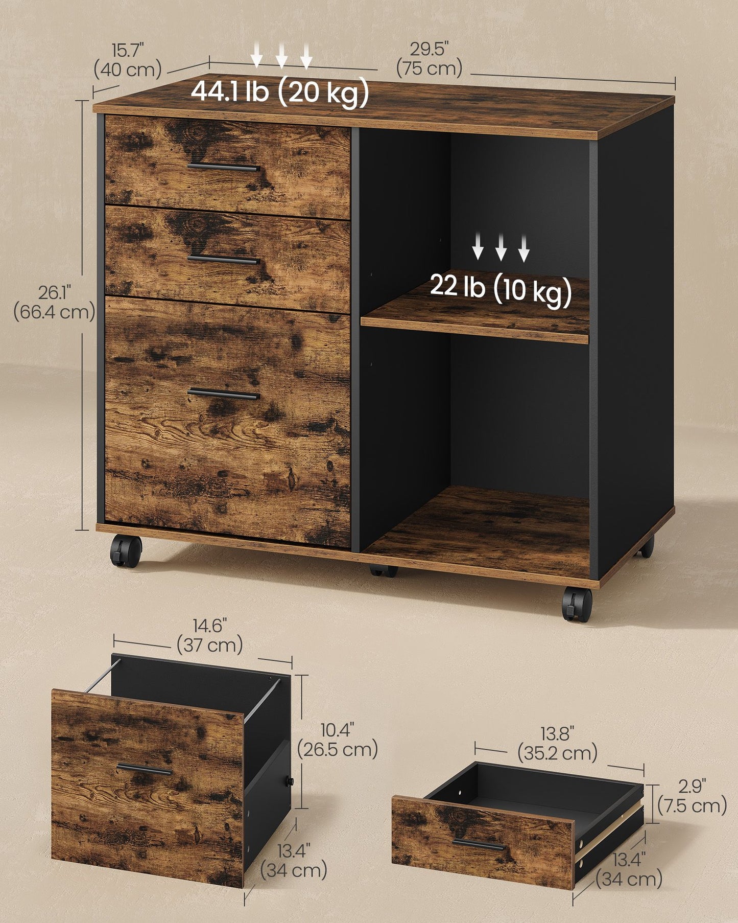VASAGLE File Cabinet, 3 Drawers, Custos Collection – Rustic Brown and Ink Black