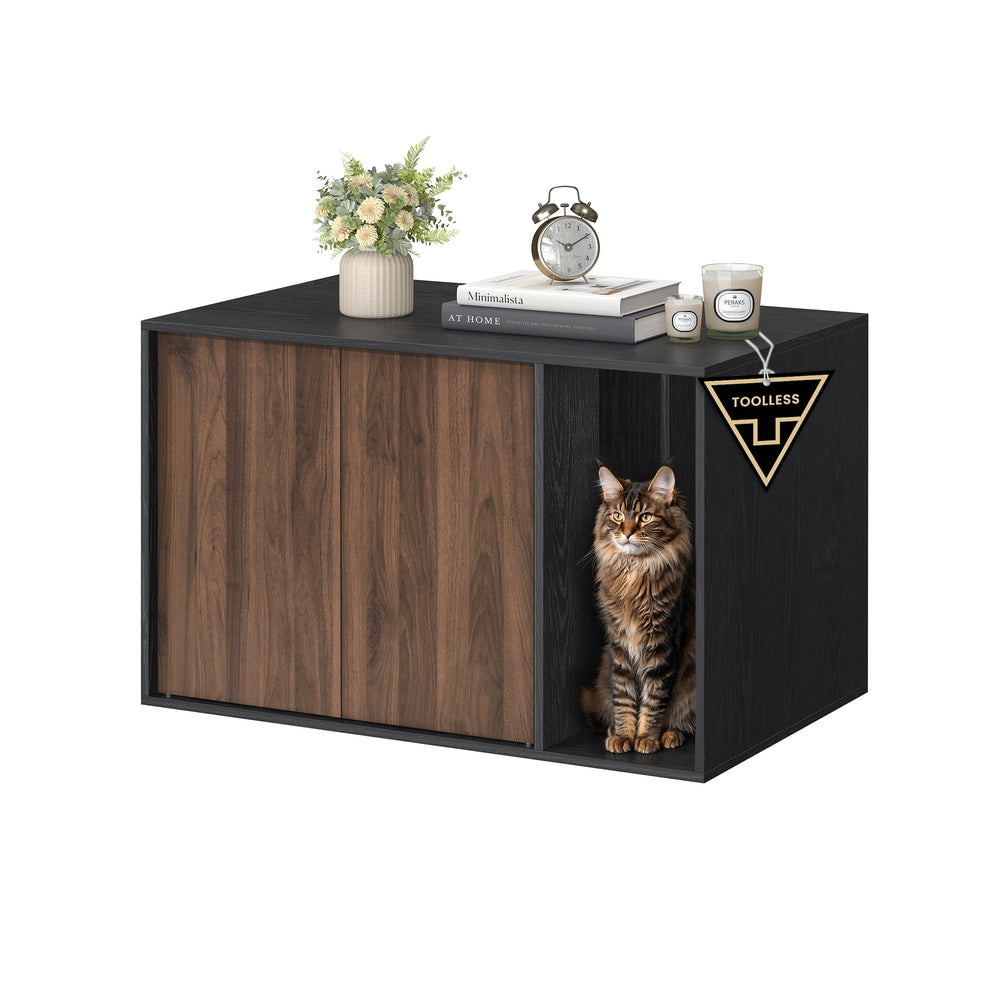 SONGMICSHOME Superfast Toolless Assembly-Cat Litter Box Enclosure for Large Cats – Ebony Black, Somber Walnut
