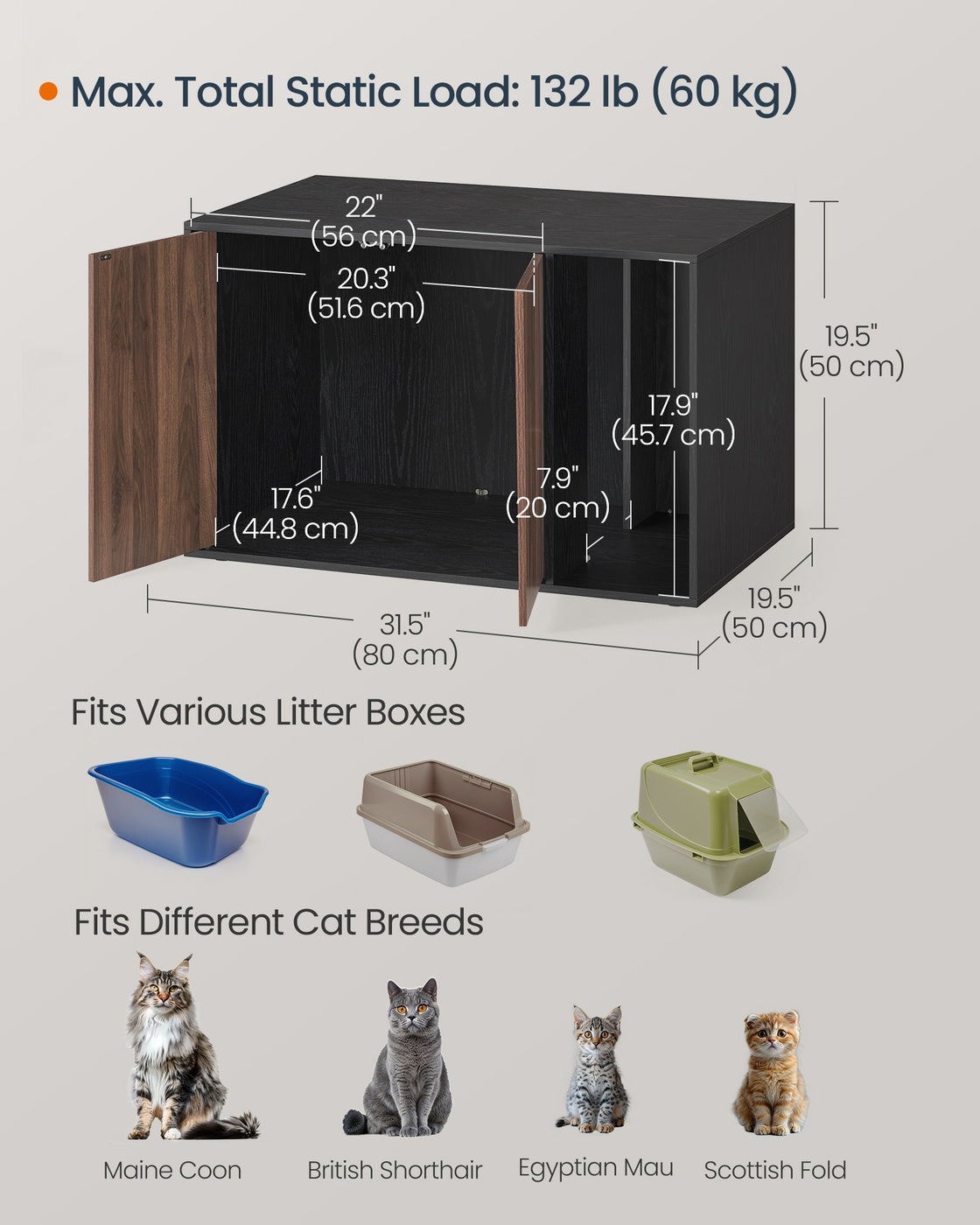 SONGMICSHOME Superfast Toolless Assembly-Cat Litter Box Enclosure for Large Cats – Ebony Black, Somber Walnut