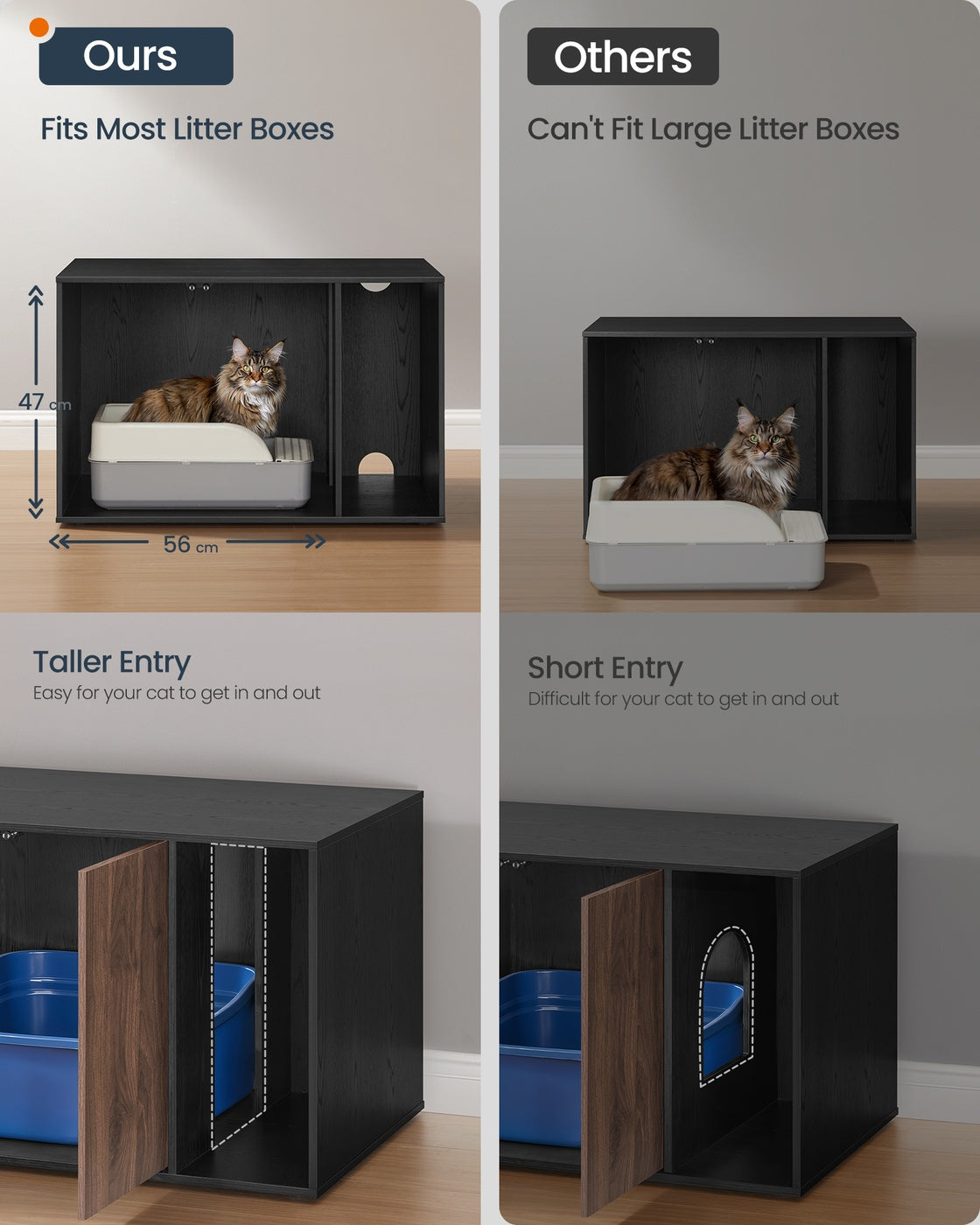 SONGMICSHOME Superfast Toolless Assembly-Cat Litter Box Enclosure for Large Cats – Ebony Black, Somber Walnut
