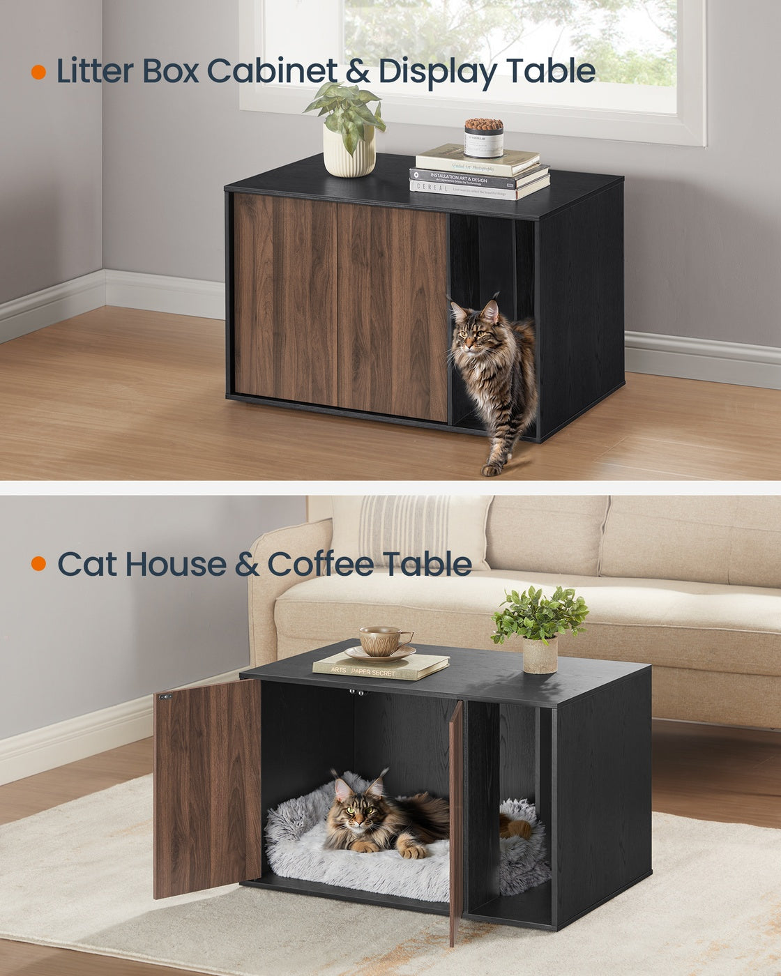 SONGMICSHOME Superfast Toolless Assembly-Cat Litter Box Enclosure for Large Cats – Ebony Black, Somber Walnut