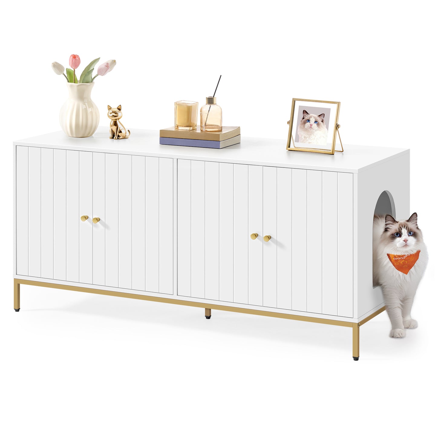Feandrea Double Cat Litter Box Enclosure, Double Room, Modern Style Double Room, for 2 Cats – White, Gold