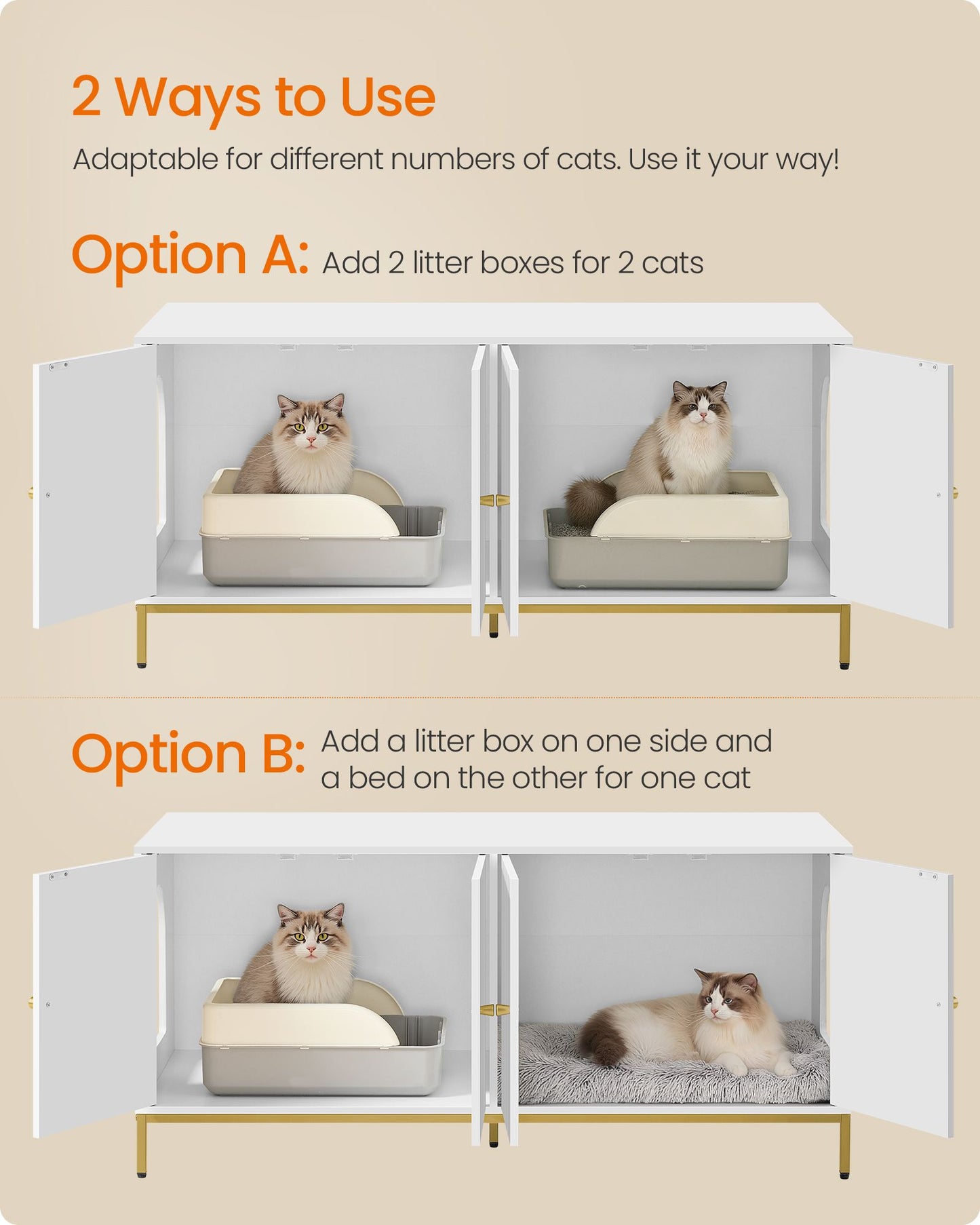 Feandrea Double Cat Litter Box Enclosure, Double Room, Modern Style Double Room, for 2 Cats – White, Gold