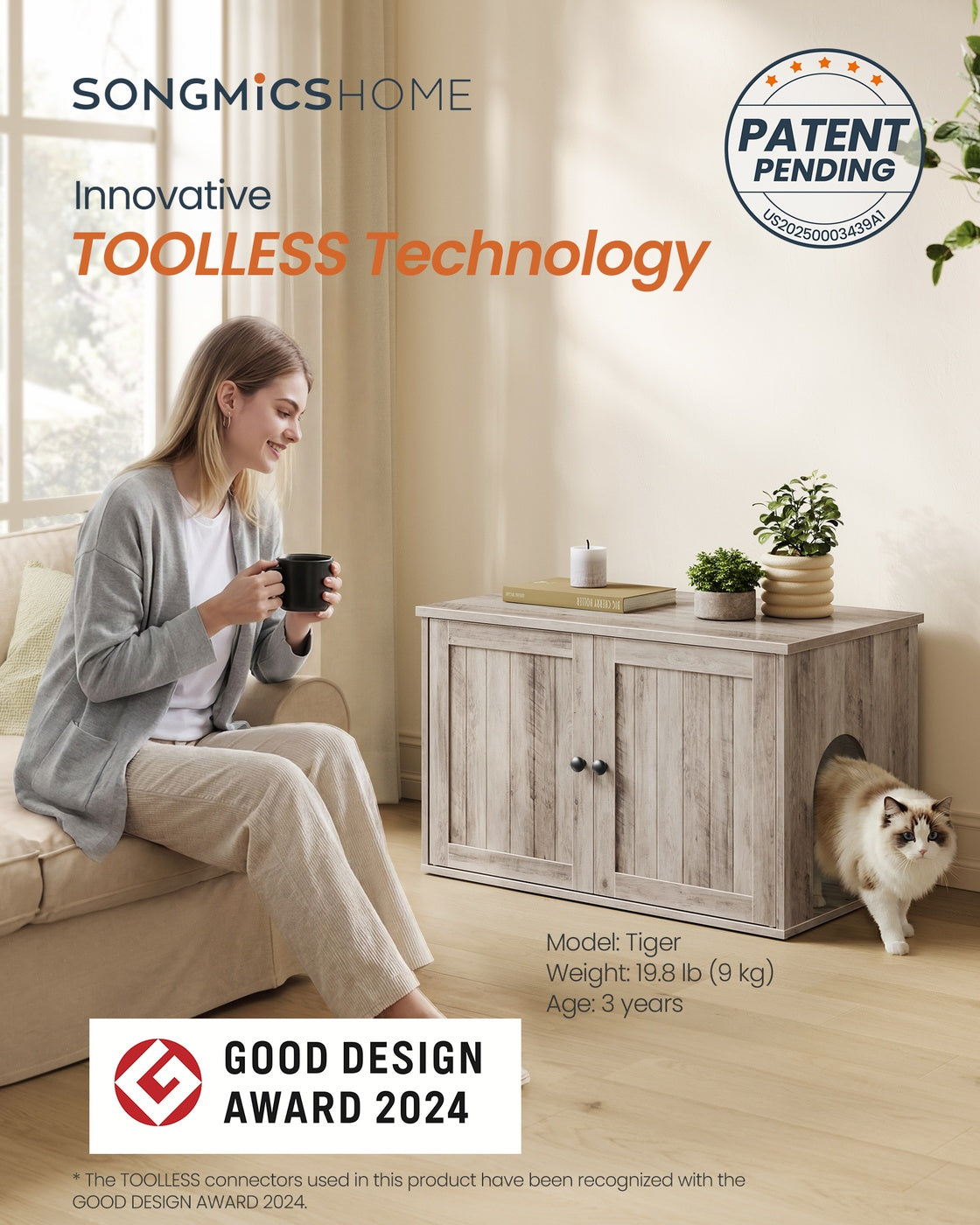 SONGMICS HOME Litter Box Enclosure, Push-Open, Greige
