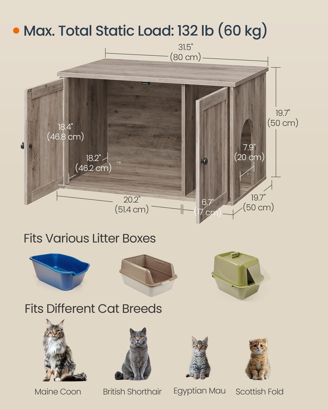 SONGMICS HOME Litter Box Enclosure, Push-Open, Greige