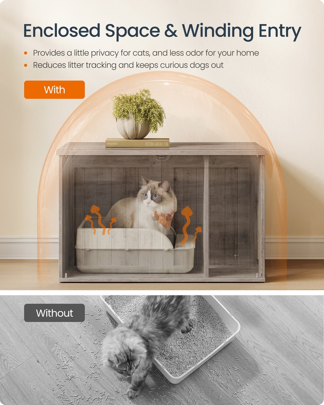 SONGMICS HOME Litter Box Enclosure, Push-Open, Greige