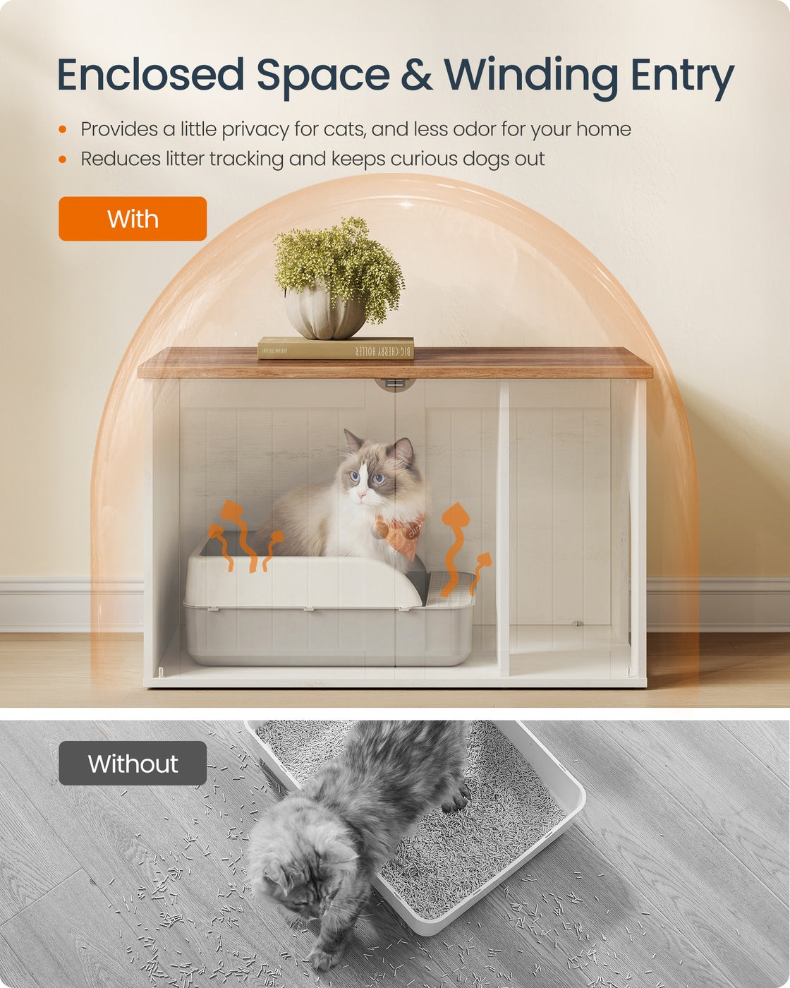 SONGMICS HOME Litter Box Enclosure, Push-Open, Rustic White and Brown – Rustic White, Honey Brown