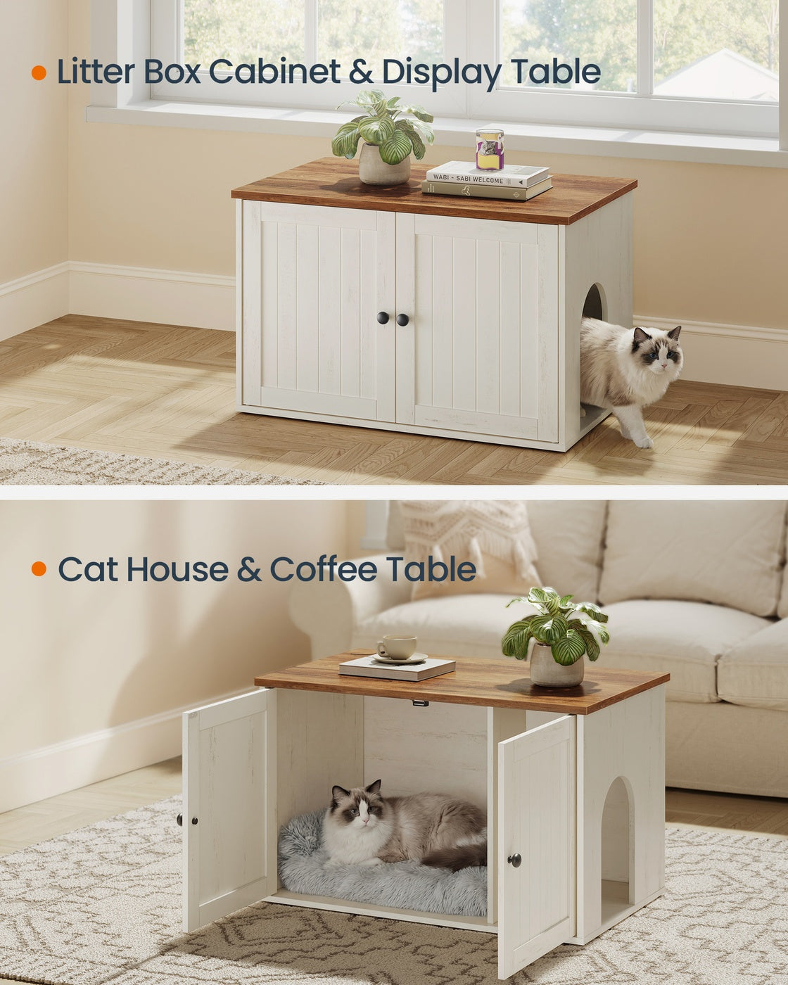 SONGMICS HOME Litter Box Enclosure, Push-Open, Rustic White and Brown – Rustic White, Honey Brown