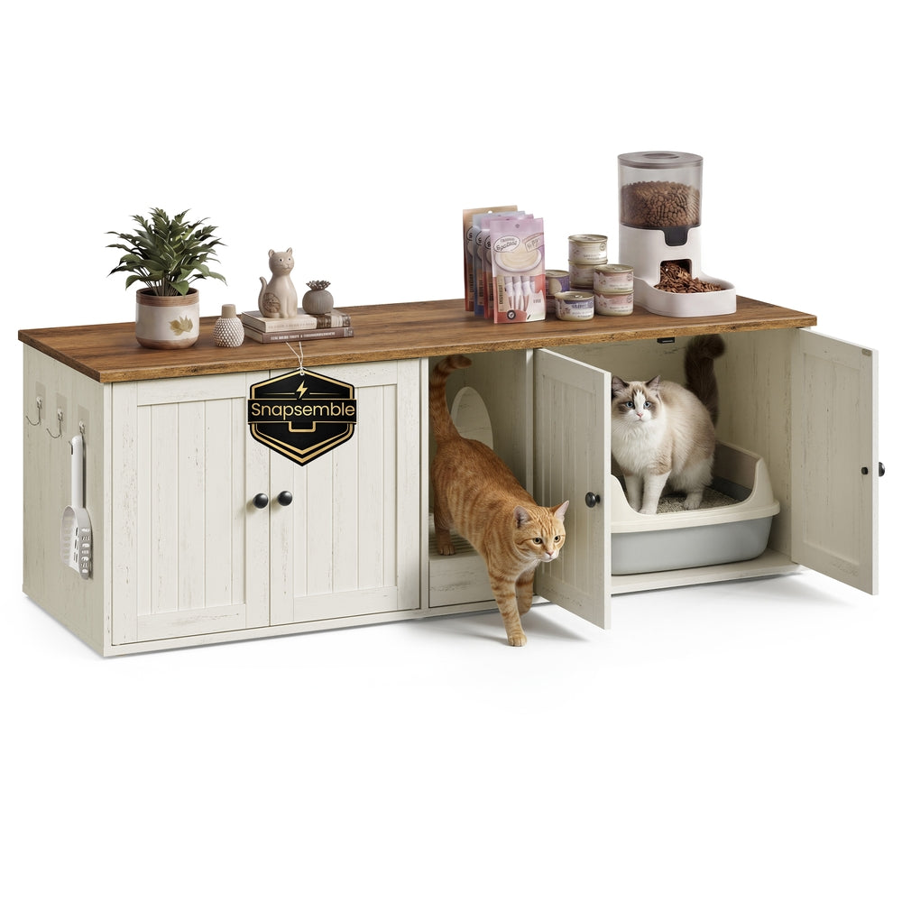 SONGMICS HOME Litter Box Enclosure, Toolless Assembly, Push-to-Open Doors, Cat Washroom – Rustic White, Honey Brown